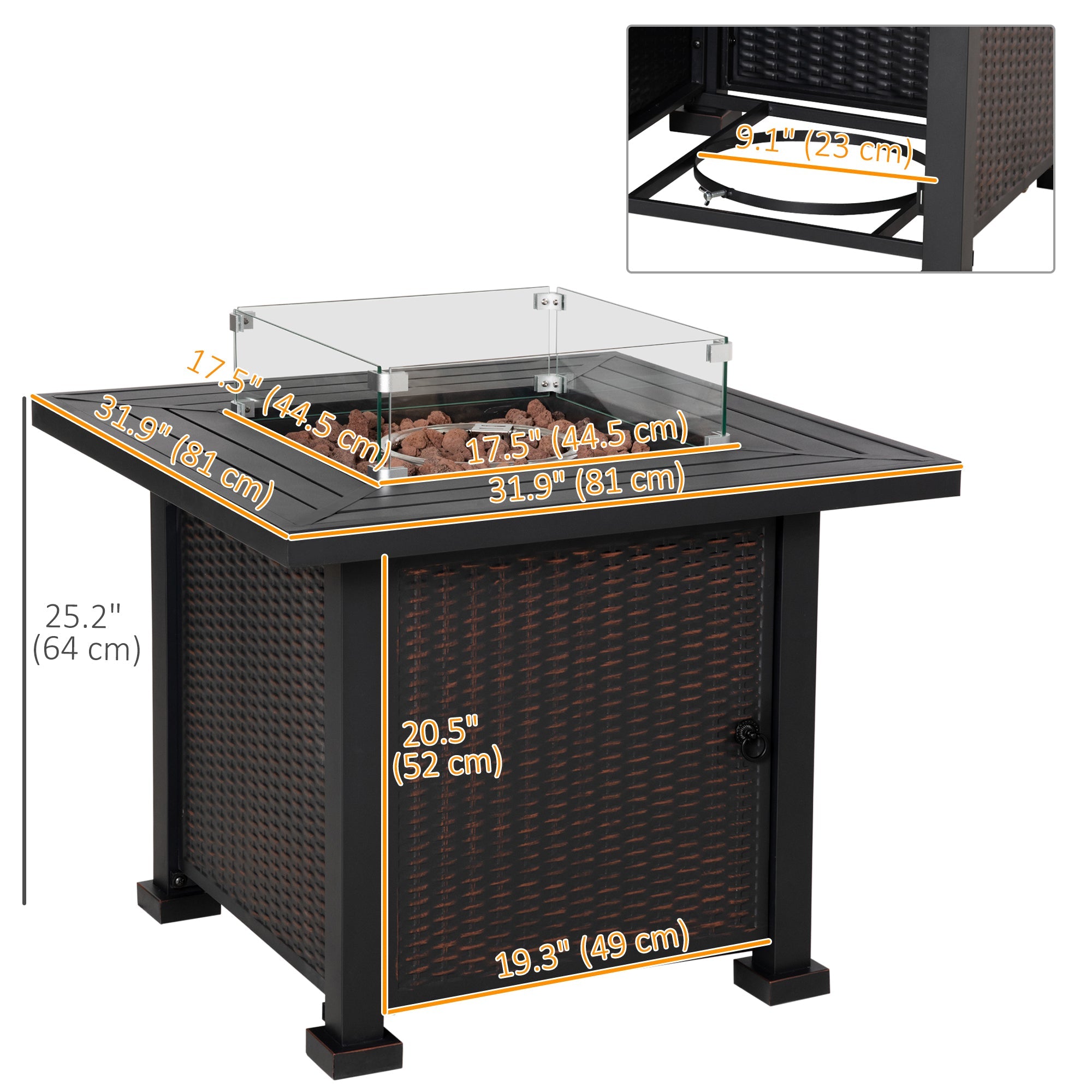 Outsunny 32" Propane Gas Fire Pit Table, 50,000 BTU, CSA Certified, with Wind Guard and Lid, Square Patio Heater - Black