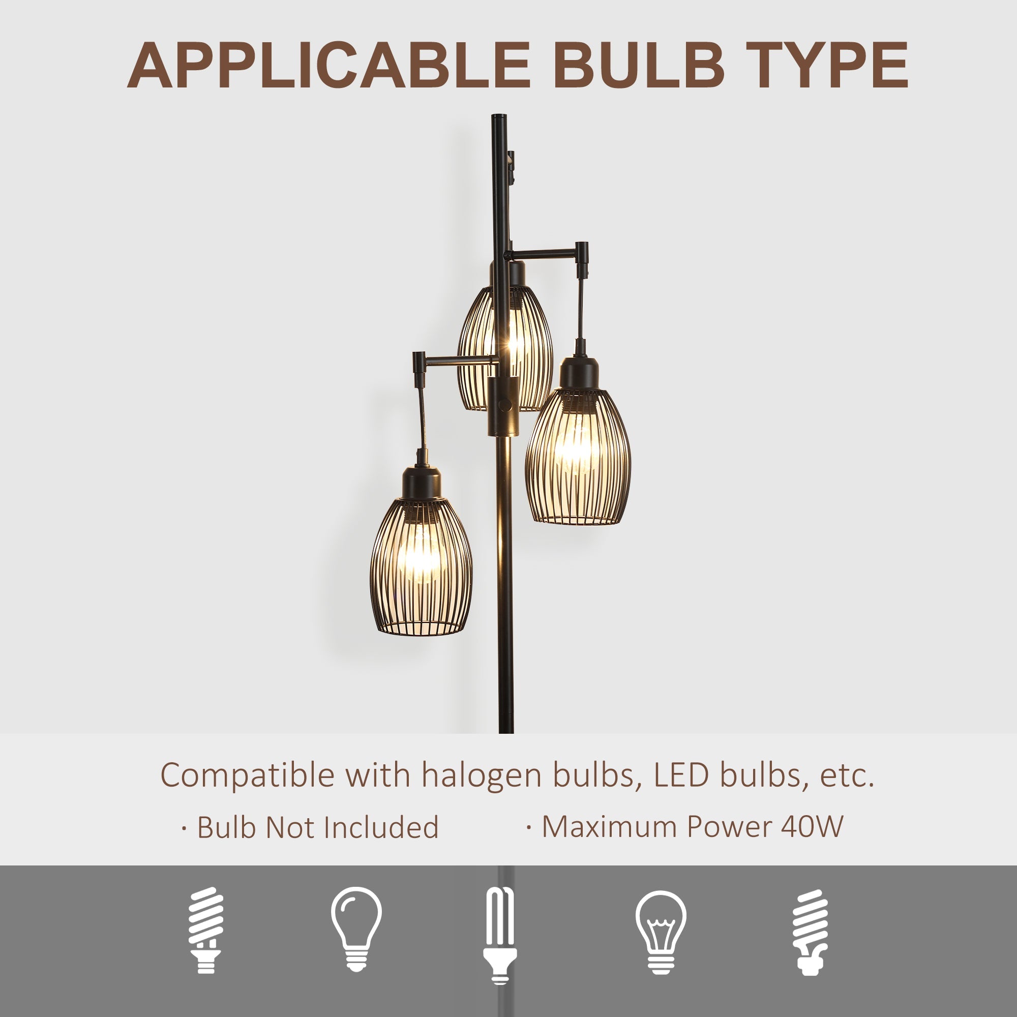 HOMCOM Industrial Floor Lamp 3 Hanging Shades Dimmable for Living Room Bedroom Black