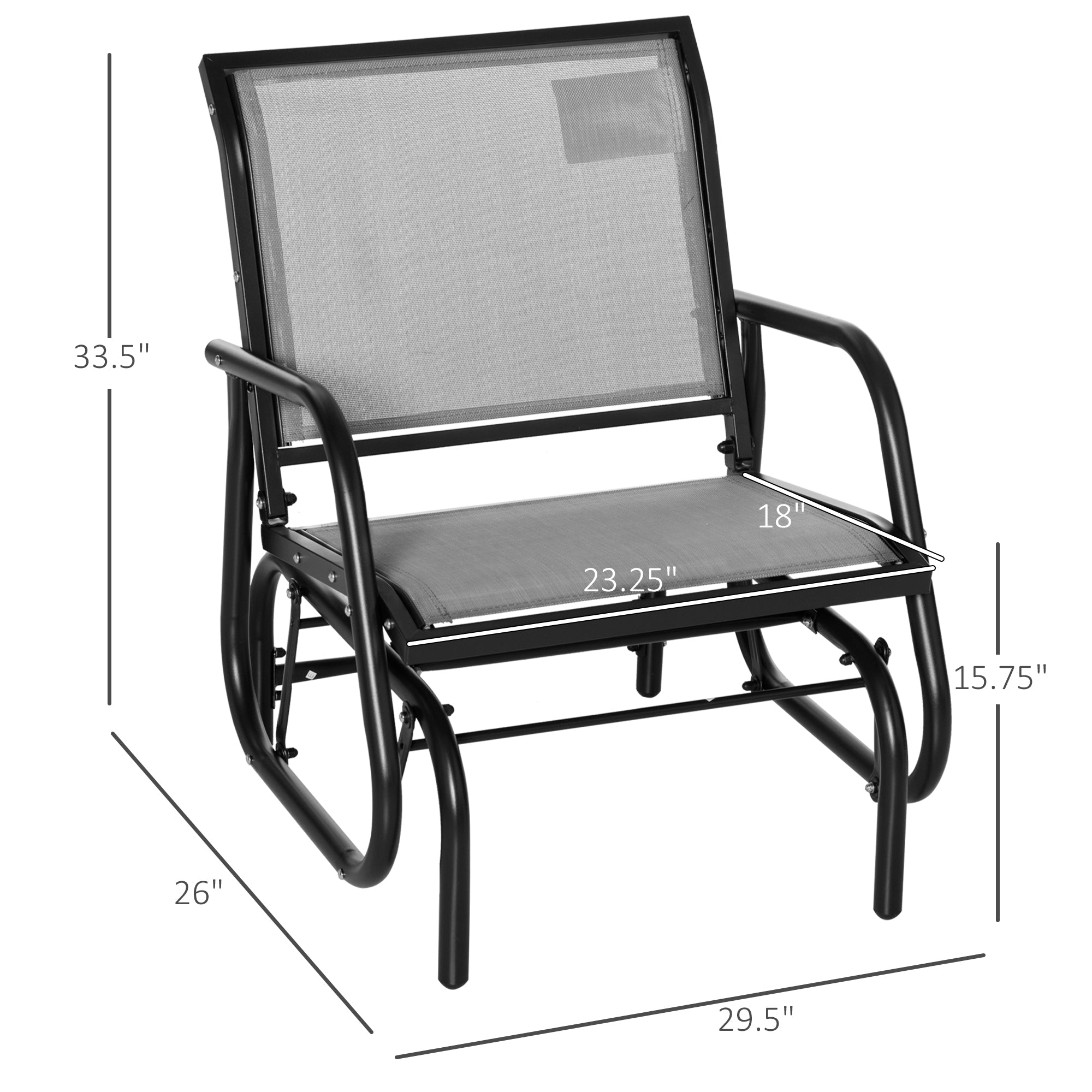 Outsunny Steel Frame Outdoor Glider Swing Chair with Breathable Mesh Seat Backrest and Curved Rocking Arms in Light Grey