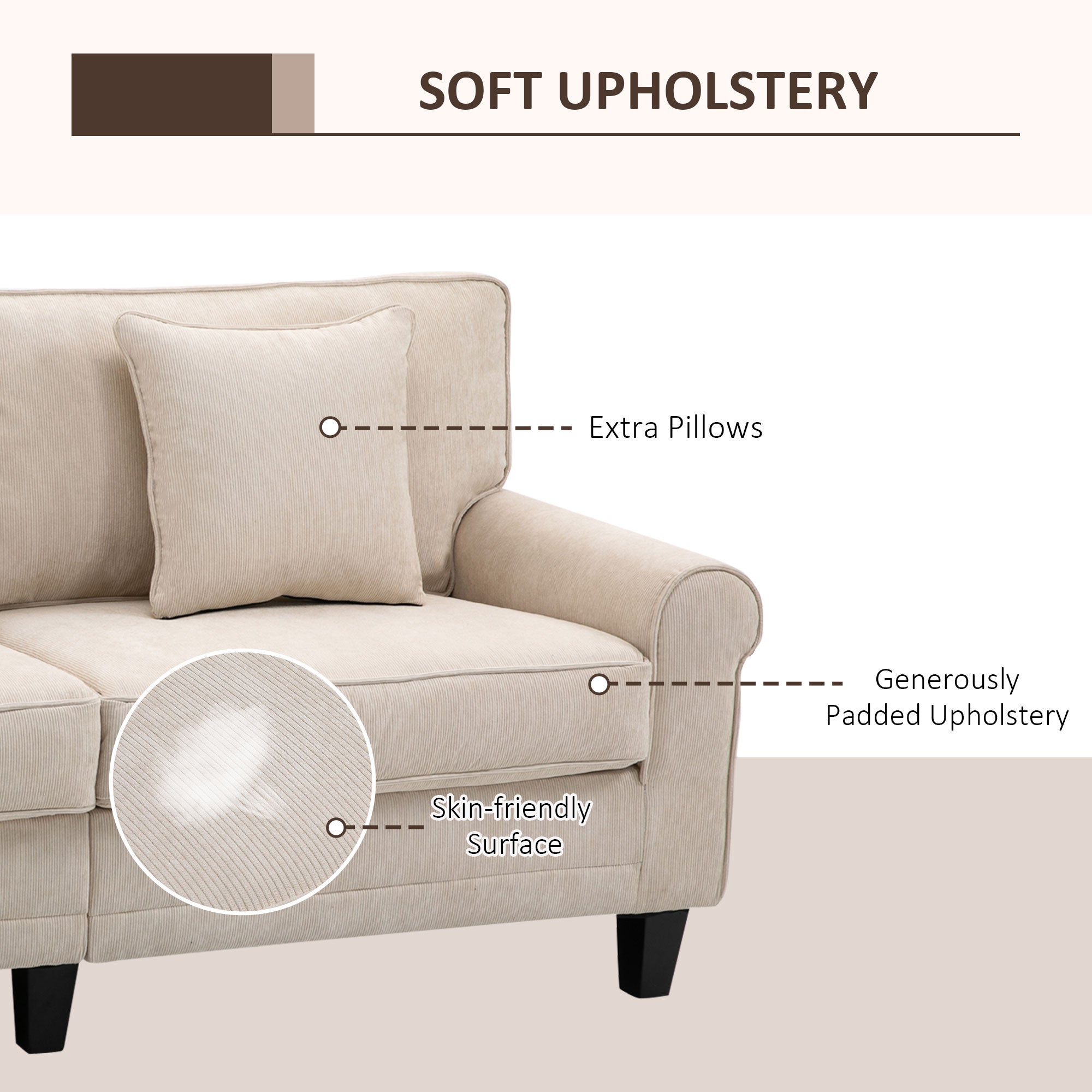 HOMCOM Modern 3 Seater Sofa, Corduroy Fabric 3 Seater Couch with Pine Wood Legs and Rolled Armrests for Living Room, Beige