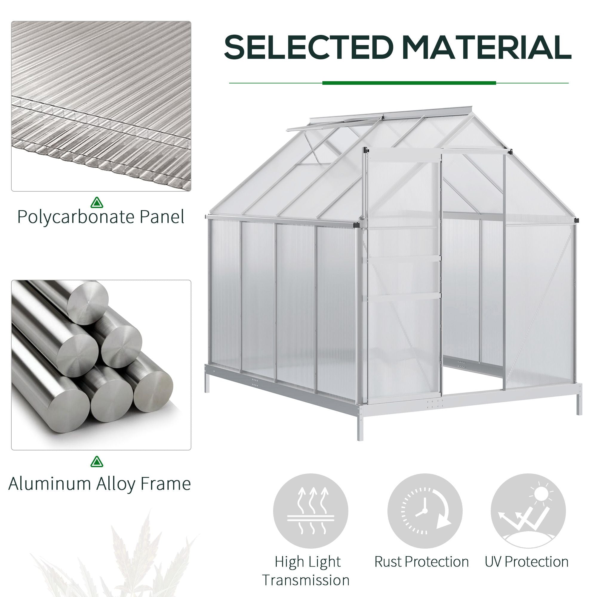 Outsunny Walk-in Greenhouse 6' x 8' x 6.5' Polycarbonate Adjustable Roof Vent Base Sliding Door Clear