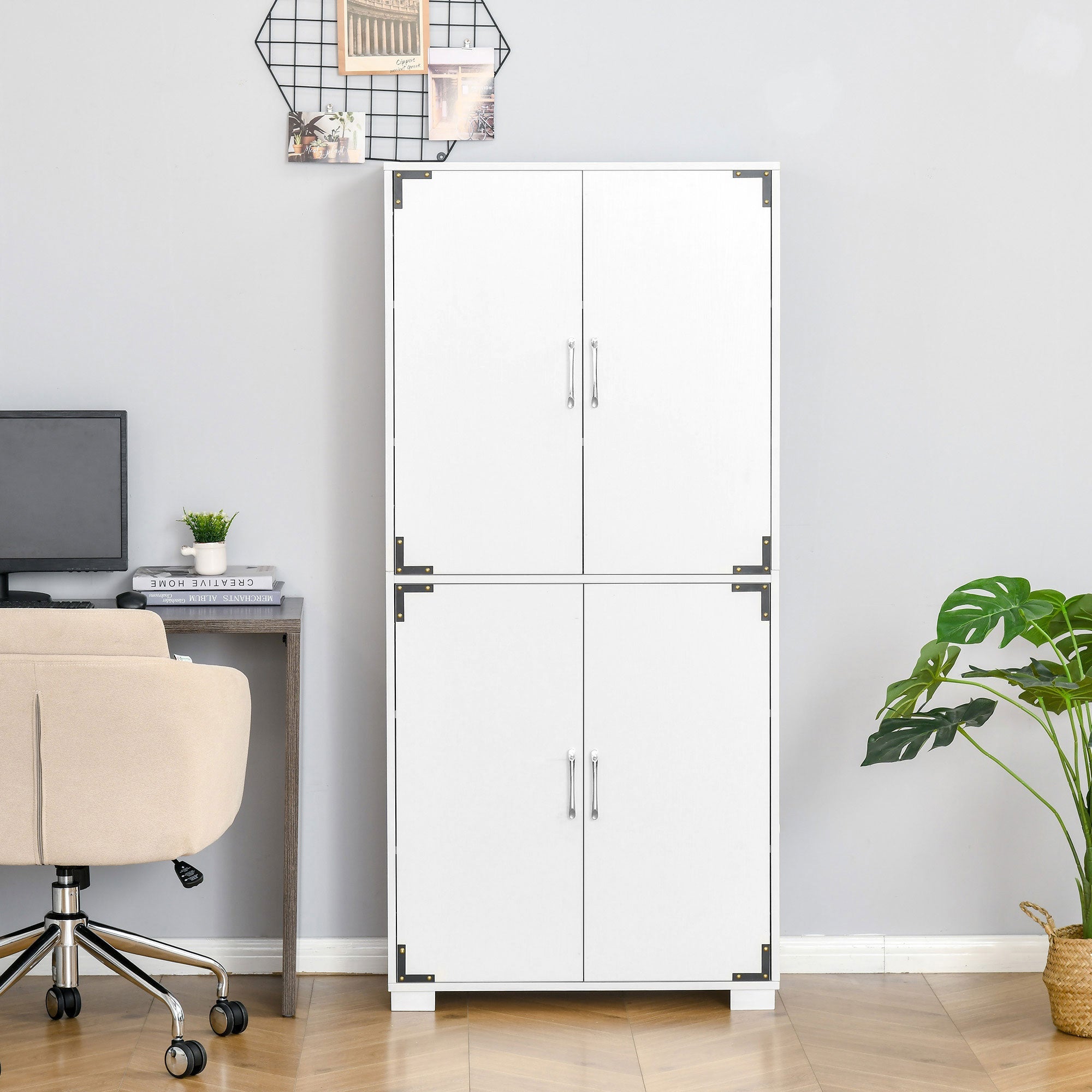 HOMCOM Industrial Pantry Storage Cabinet Kitchen 4 Doors Cupboard Shelves Bedroom Living Room White