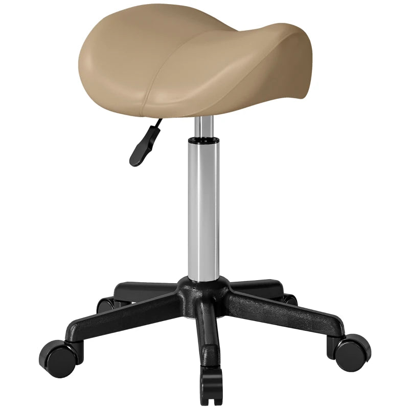 Rolling Salon Stool, PU Leather Swivel Saddle Chair, Adjustable Height Stool with Wheels for Spa, Salon, Office, Brown