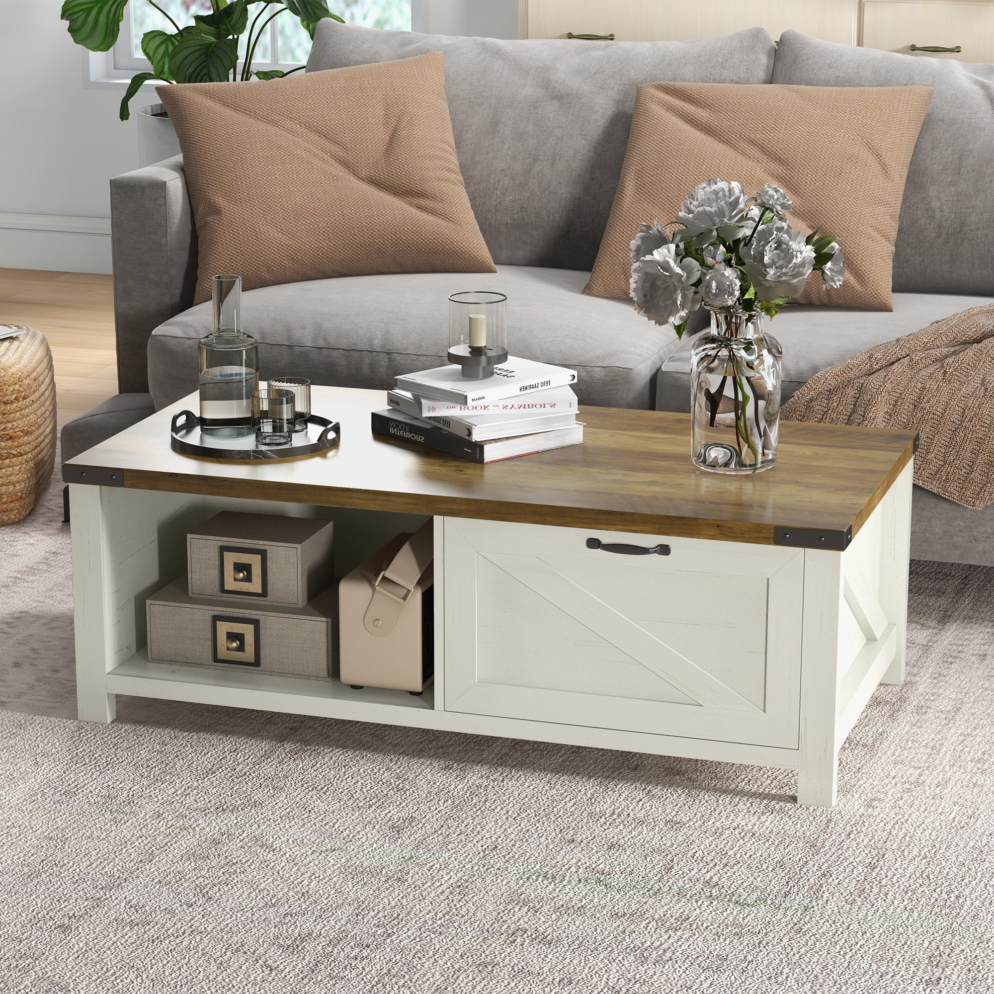 HOMCOM Rustic Farmhouse Coffee Table, Charming Living Room Centerpiece with Drawer & Storage Shelf, Cozy White