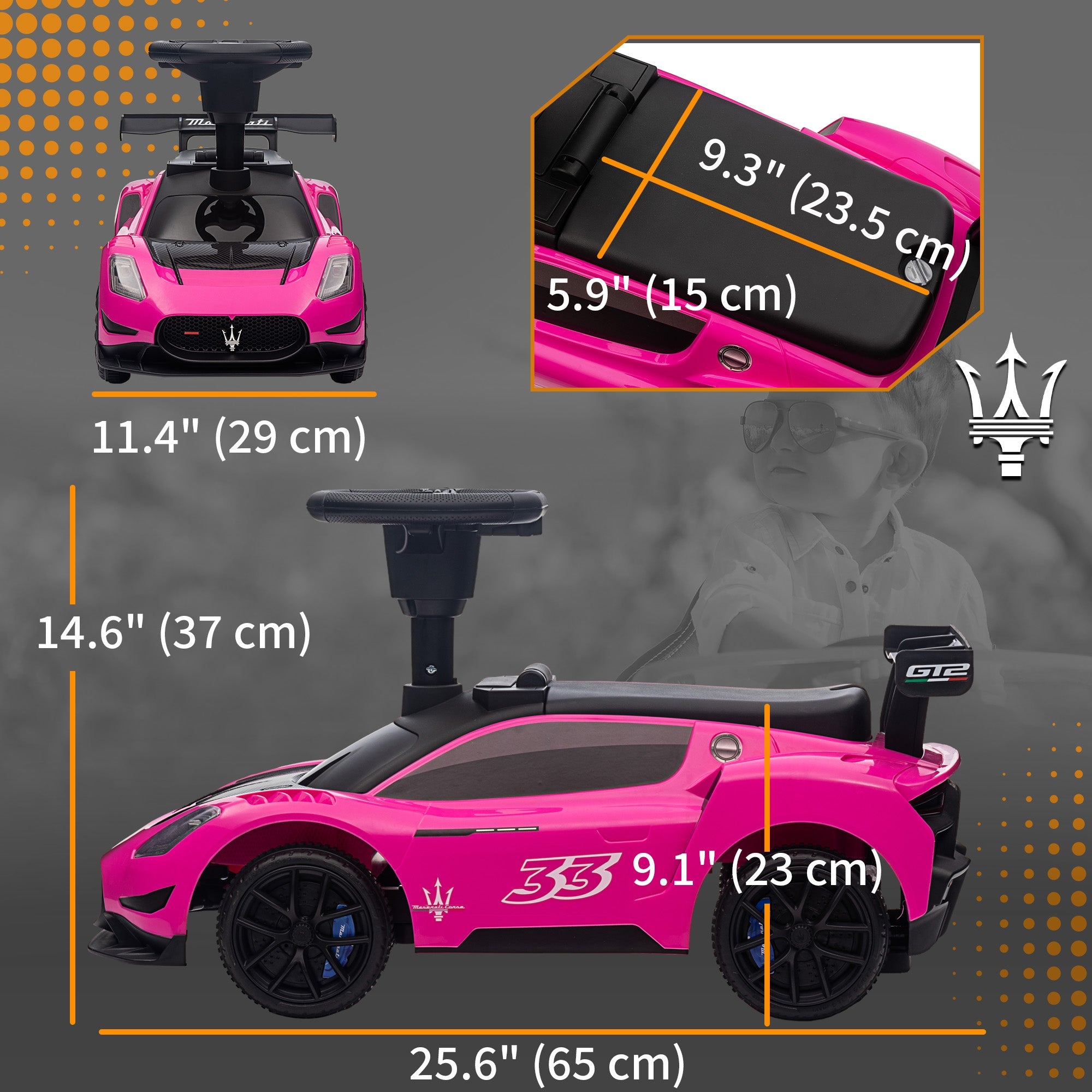 Qaba Licensed Maserati GT2 Baby Sliding Car with Storage, Music, Horn, Foot to Floor Toddler Car for 18-60 Months, Pink