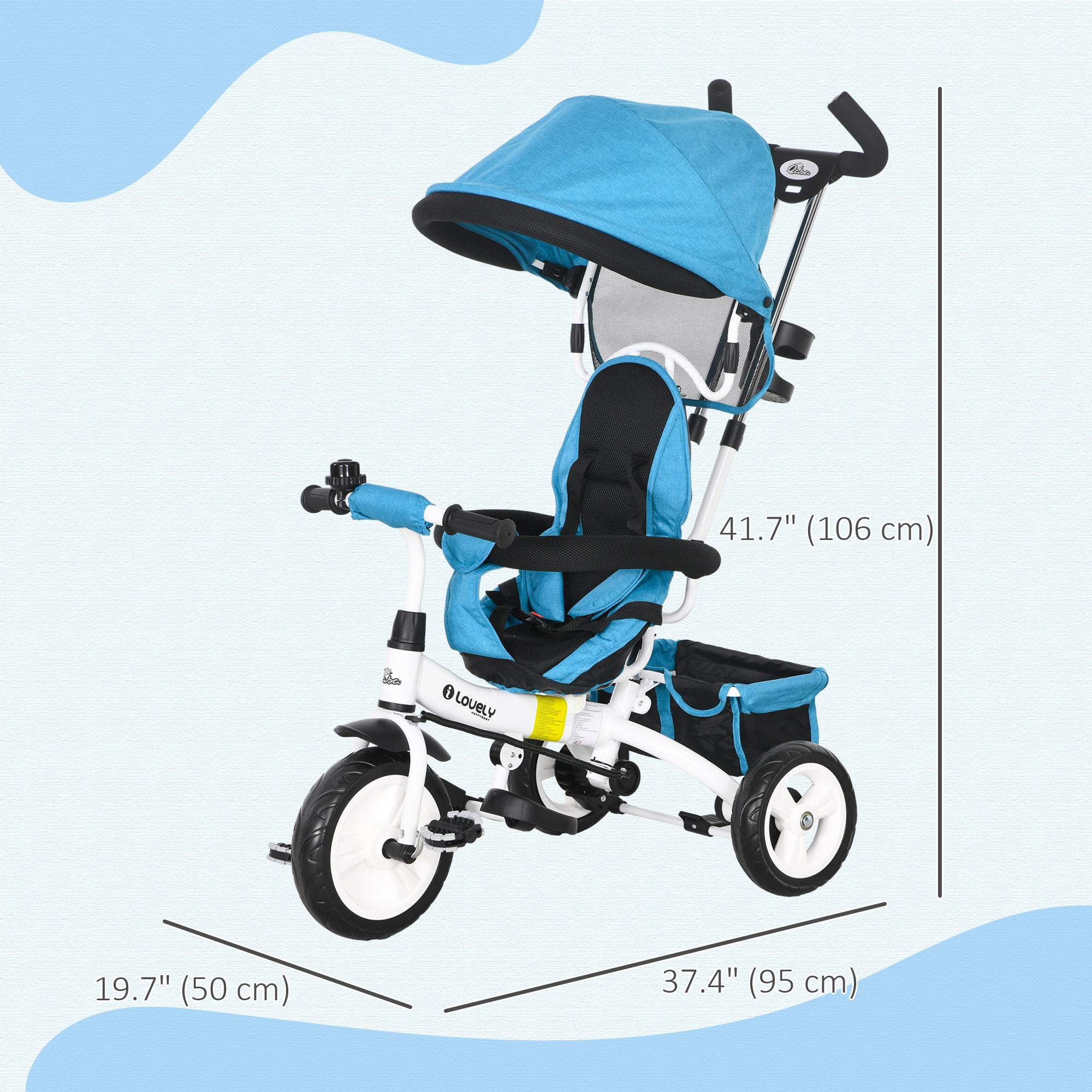 Qaba 6-in-1 Kids Tricycle Stroller with Safety Harness, Canopy, Basket for Ages 1-5, Blue - Perfect Outdoor Toy