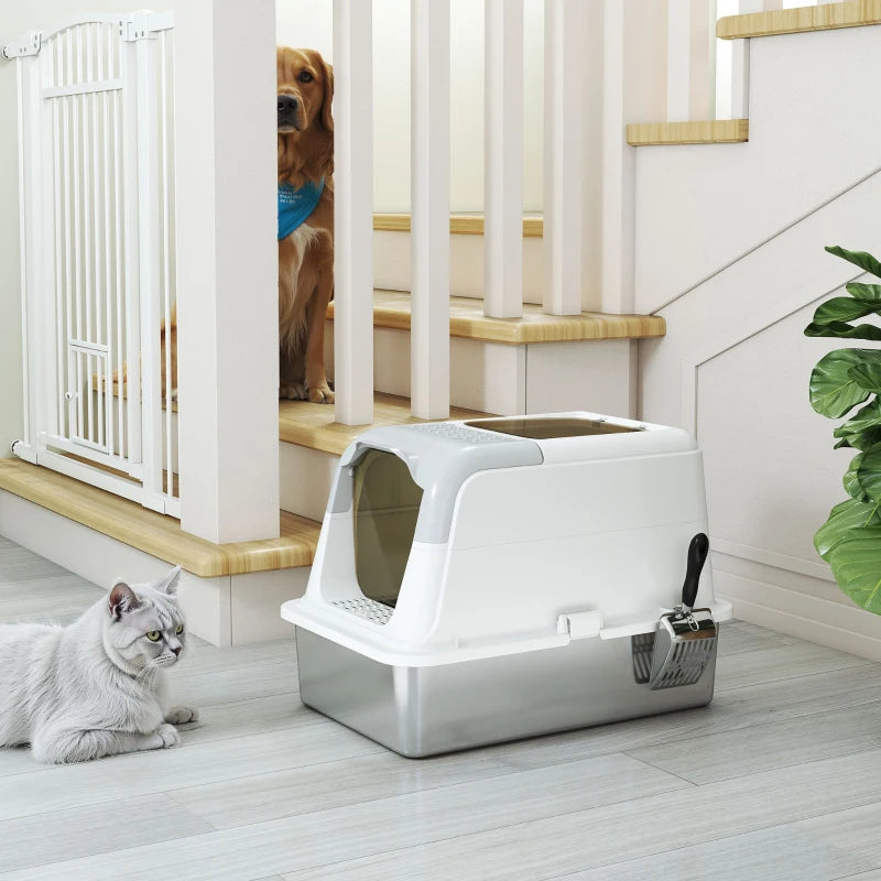 Extra Large Stainless Steel Litter Box, Enclosed Kitty Litter Box for Big Cats with Scoop, Deodorizer Bag
