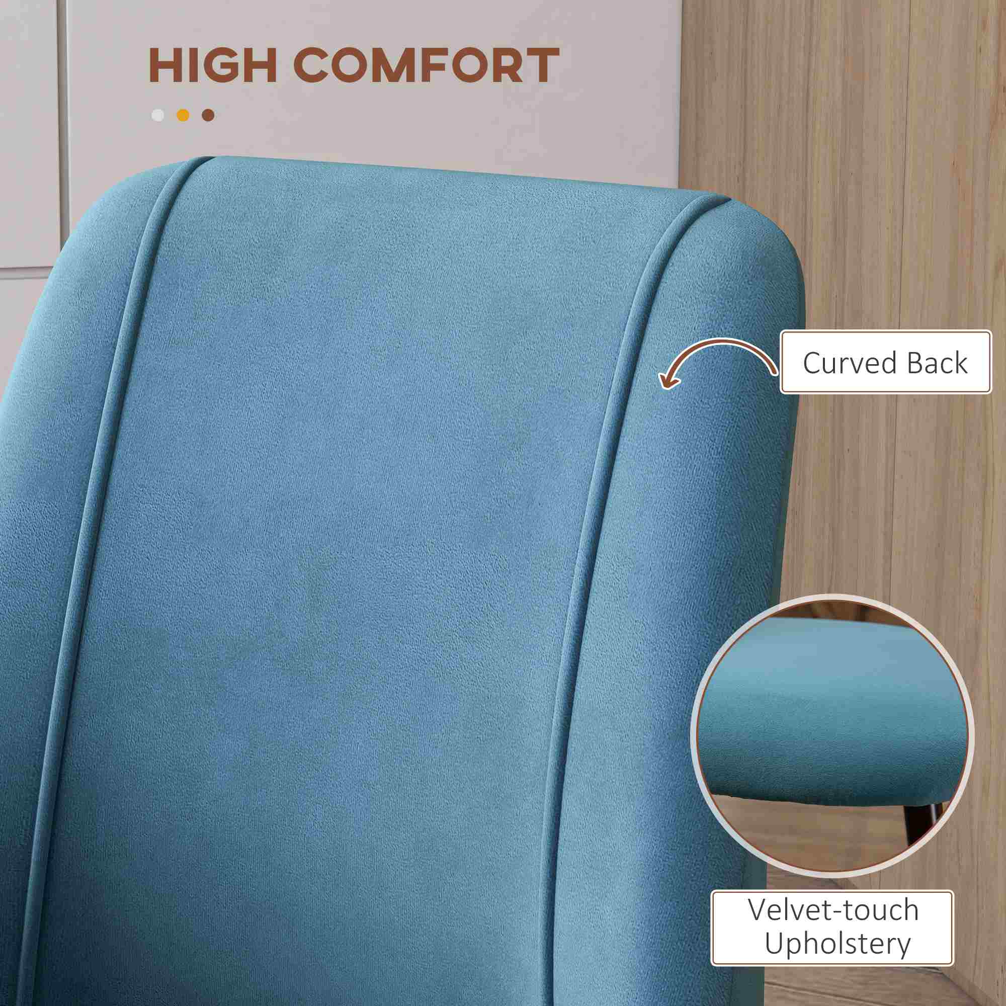 HOMCOM Set of 4 Dining Chairs Modern Velvet Upholstery Curved Back Wood-grain Steel Legs Blue