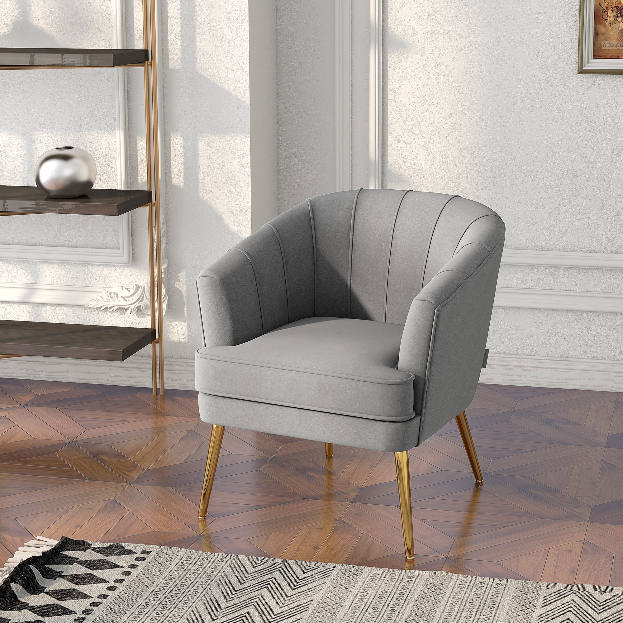 HOMCOM Elegant Living Accent: Fabric Armchair with Gold Metal Legs for Home Office, Bedroom, Grey Finish