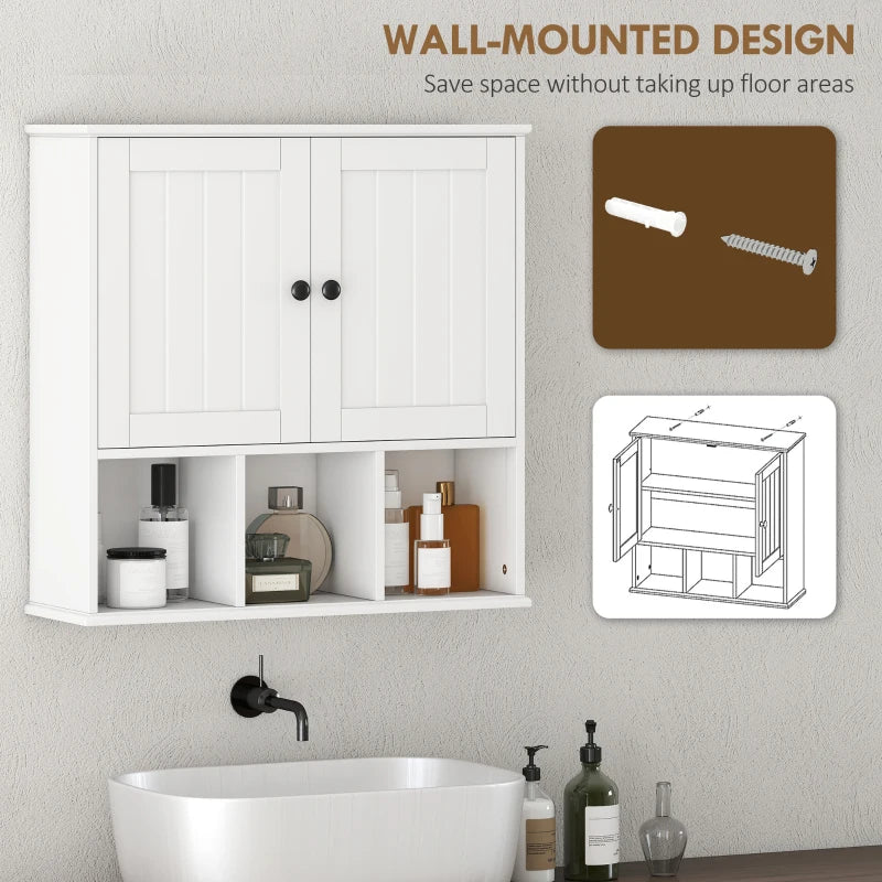 Farmhouse Bathroom Wall Cabinet, Wall Mounted Medicine Cabinet with Adjustable Shelf, Open Compartments, White
