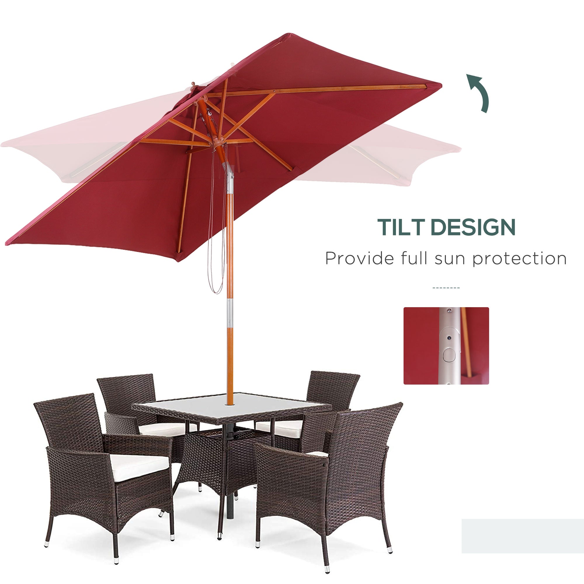 Outsunny 6.6x5ft Square Market Parasol, Wooden Patio Umbrella with Tilt Mechanism and 6 Bamboo Ribs, Garden Sunshade, Wine Red
