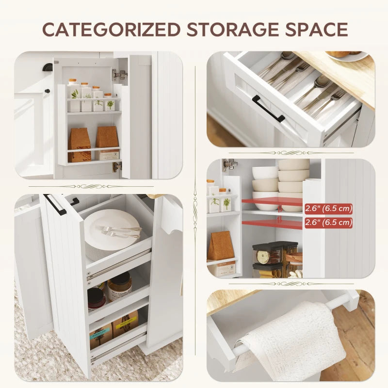Kitchen Island on Wheels with Wood Drop Leaf, Charging Station, Rolling Kitchen Cart with Adjustable Shelf, White