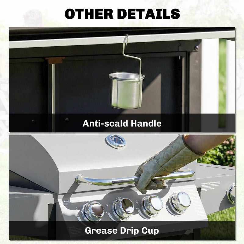 Outsunny 4+1 Burner Liquid Propane Gas Grill, Outdoor Portable BBQ Grill with Side Burner, Warming Rack, Side Shelf