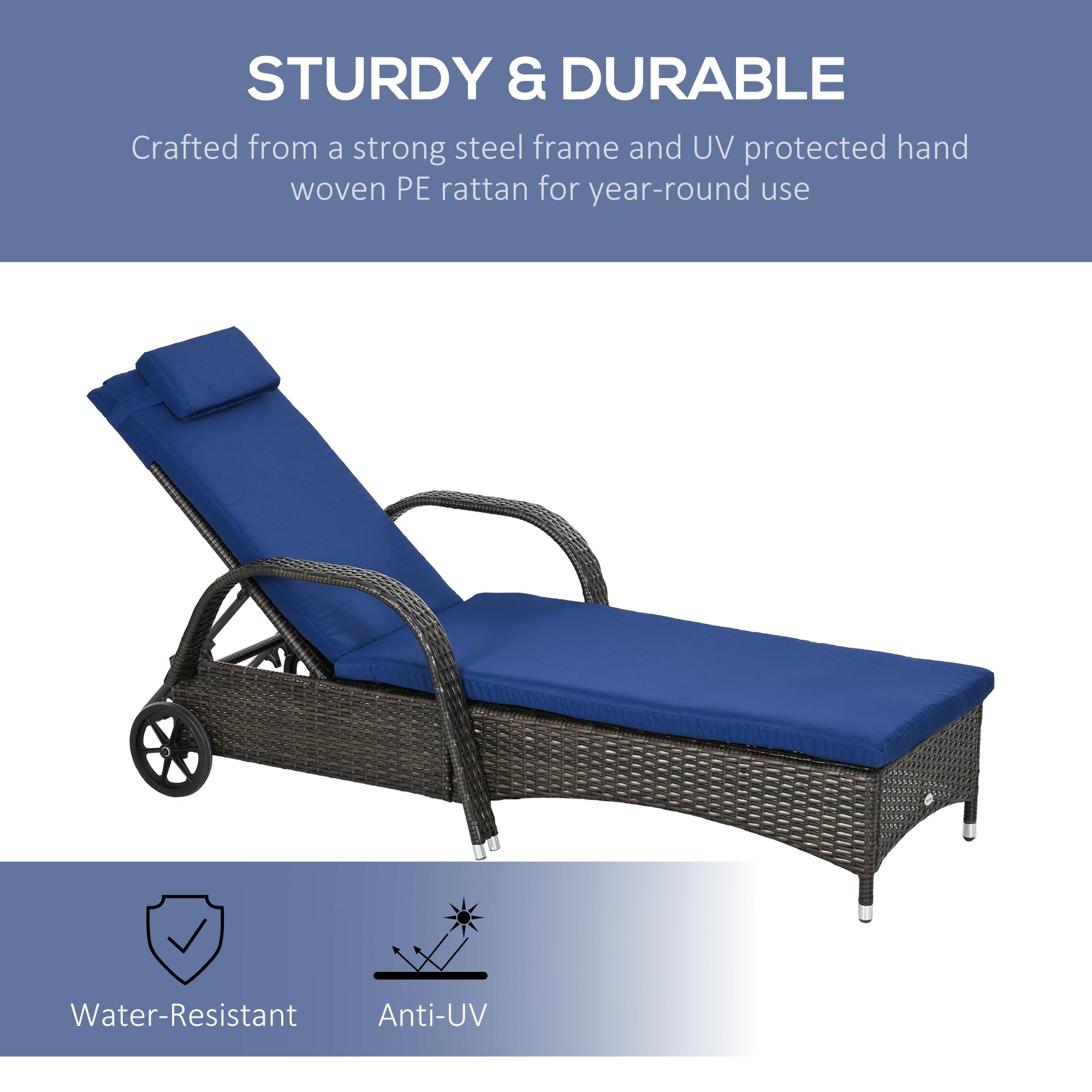 Outsunny Outdoor Lounger, Deck Lounge Chair with Headrest, 5-Level Adjustable, Backrest, Wheels, Mixed Brown and Dark Blue