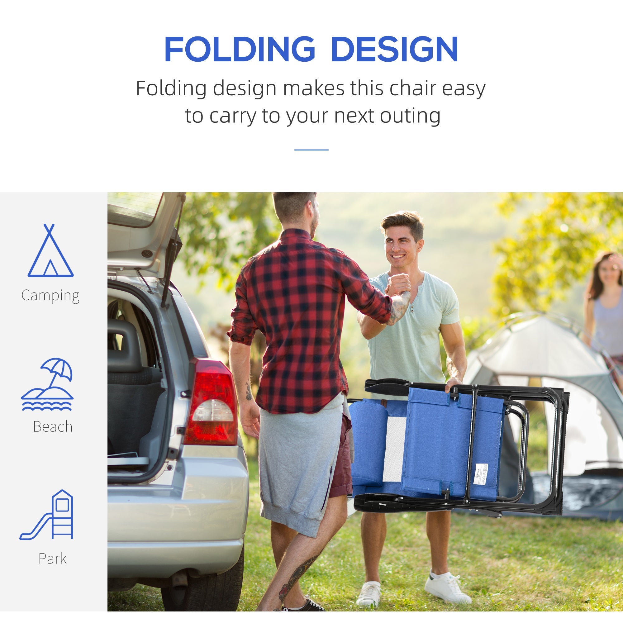 Outsunny Double Camping Chairs Foldable Reclining with Headrest Blue