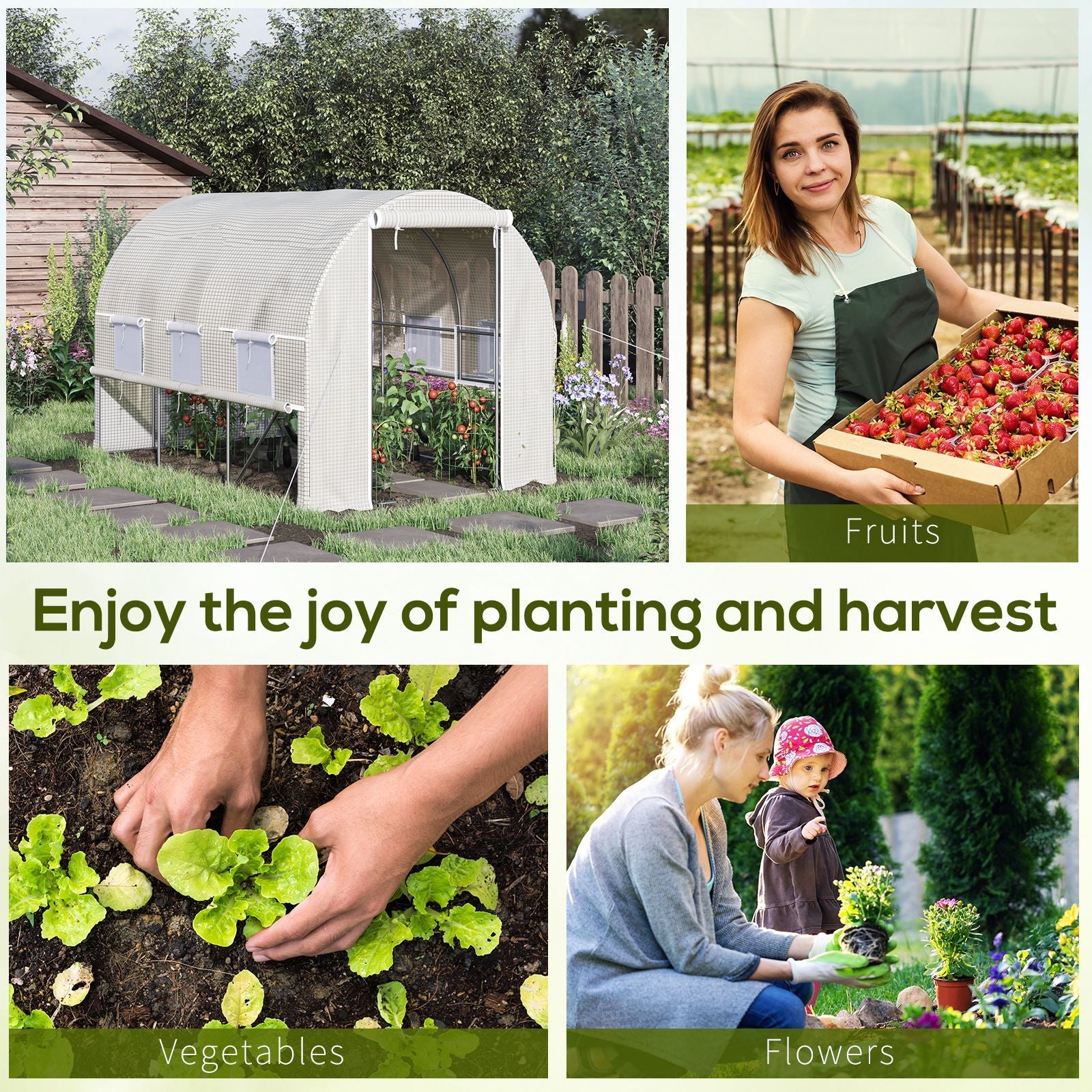 Outsunny 10'x6.6'x6.6' Walk-In Tunnel Greenhouse PE Cover Zipper Doors Roll-Up Side Cover Mesh Windows White