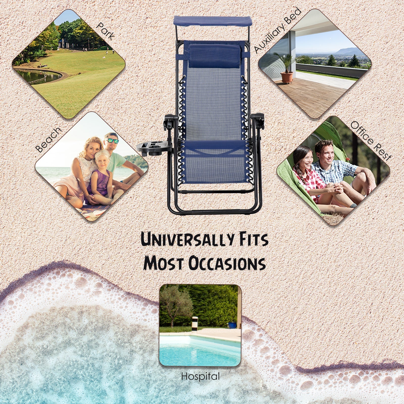 Outsunny Zero Gravity Chair 2pc Adjustable Patio Lounge Recliner with Cup Holder Canopy Shade Blue