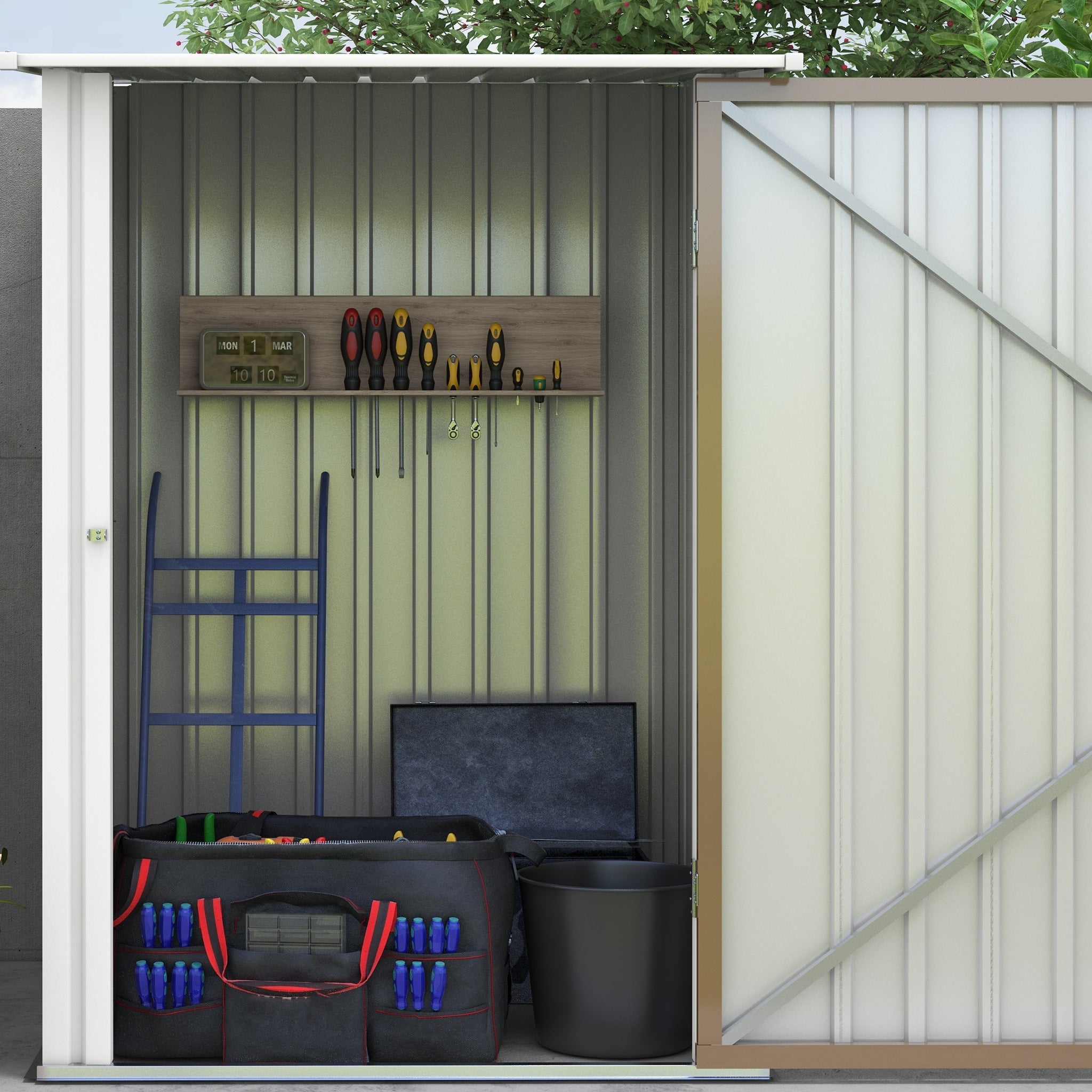 Outsunny 3.3' x 3.4' Lean-to Outdoor Garden Storage Shed, Galvanized Steel with Lockable Door for Patio Brown and White