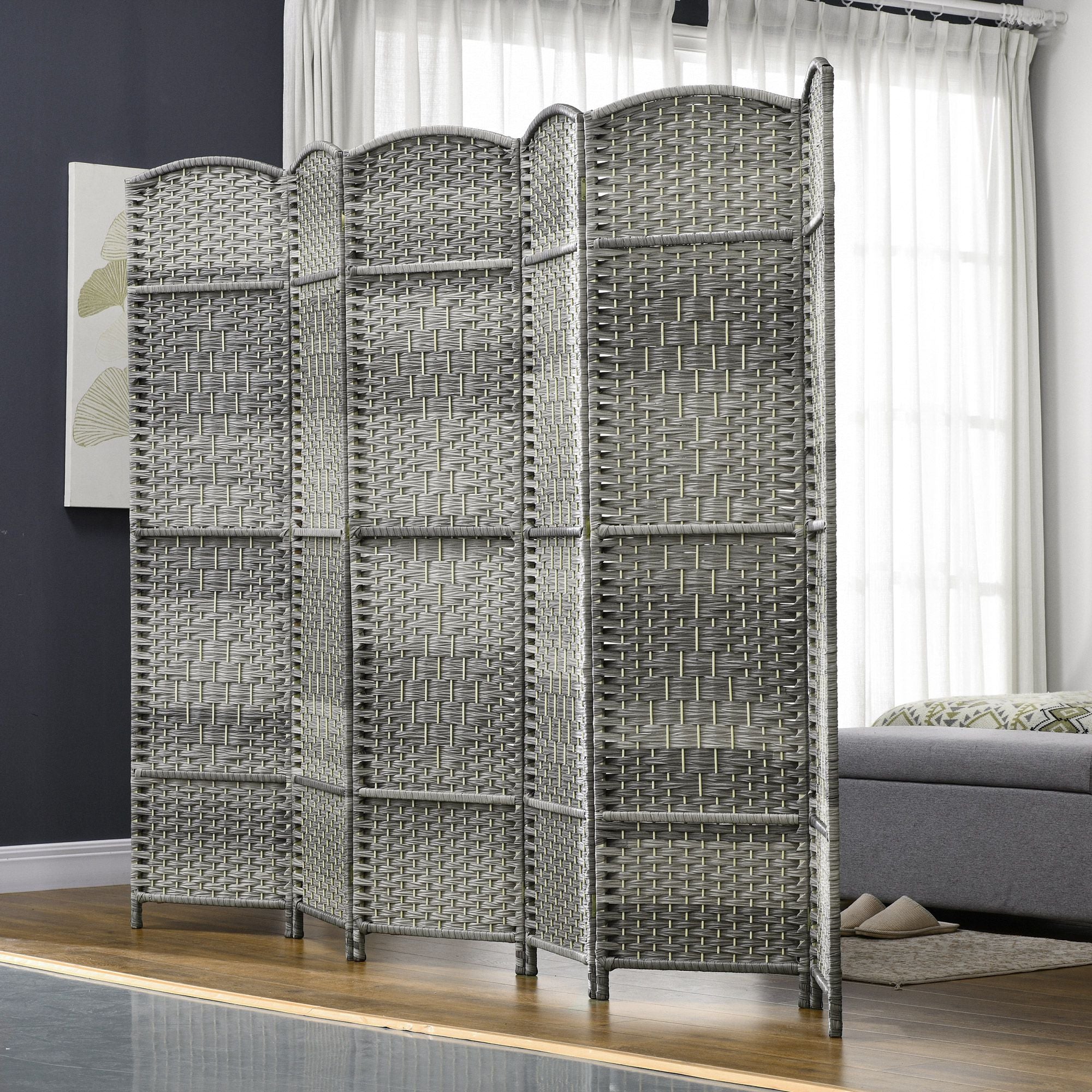 HOMCOM Artisan-Crafted Room Partition: 6-Panel Portable Folding Privacy Wall with Mixed Grey Weave Pattern