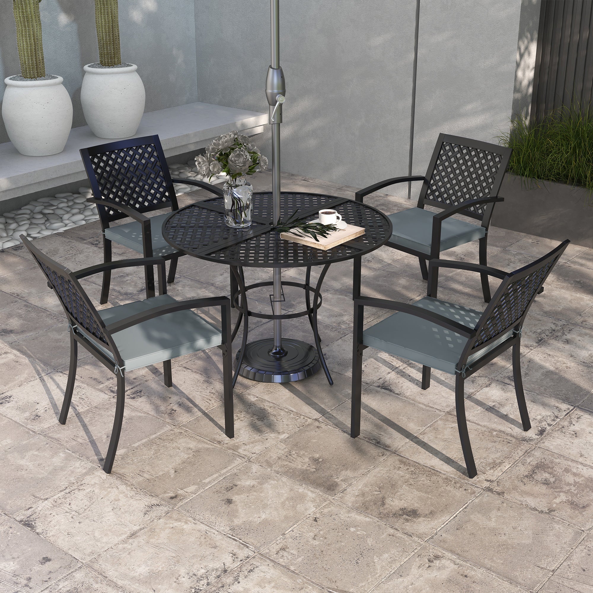 Outsunny 5-Piece Outdoor Dining Set with 4 Stackable Cushioned Armchairs,Umbrella Hole Metal Plate Table, for Deck Grey