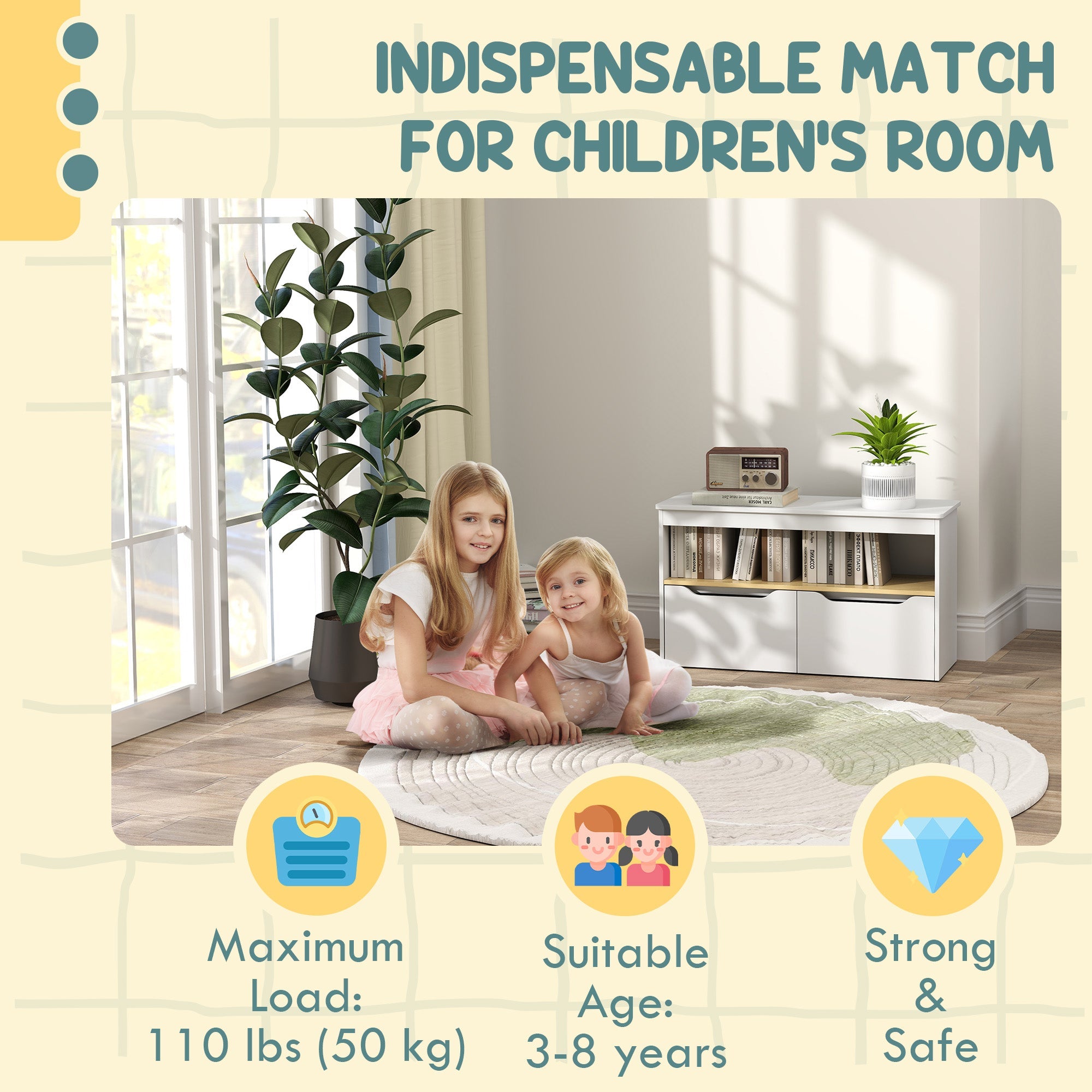 Qaba Kids Bookshelf with 2 Drawers, Large Tabletop, Shelf, for Nursery, Kids Room, Bedroom, Living Room, White