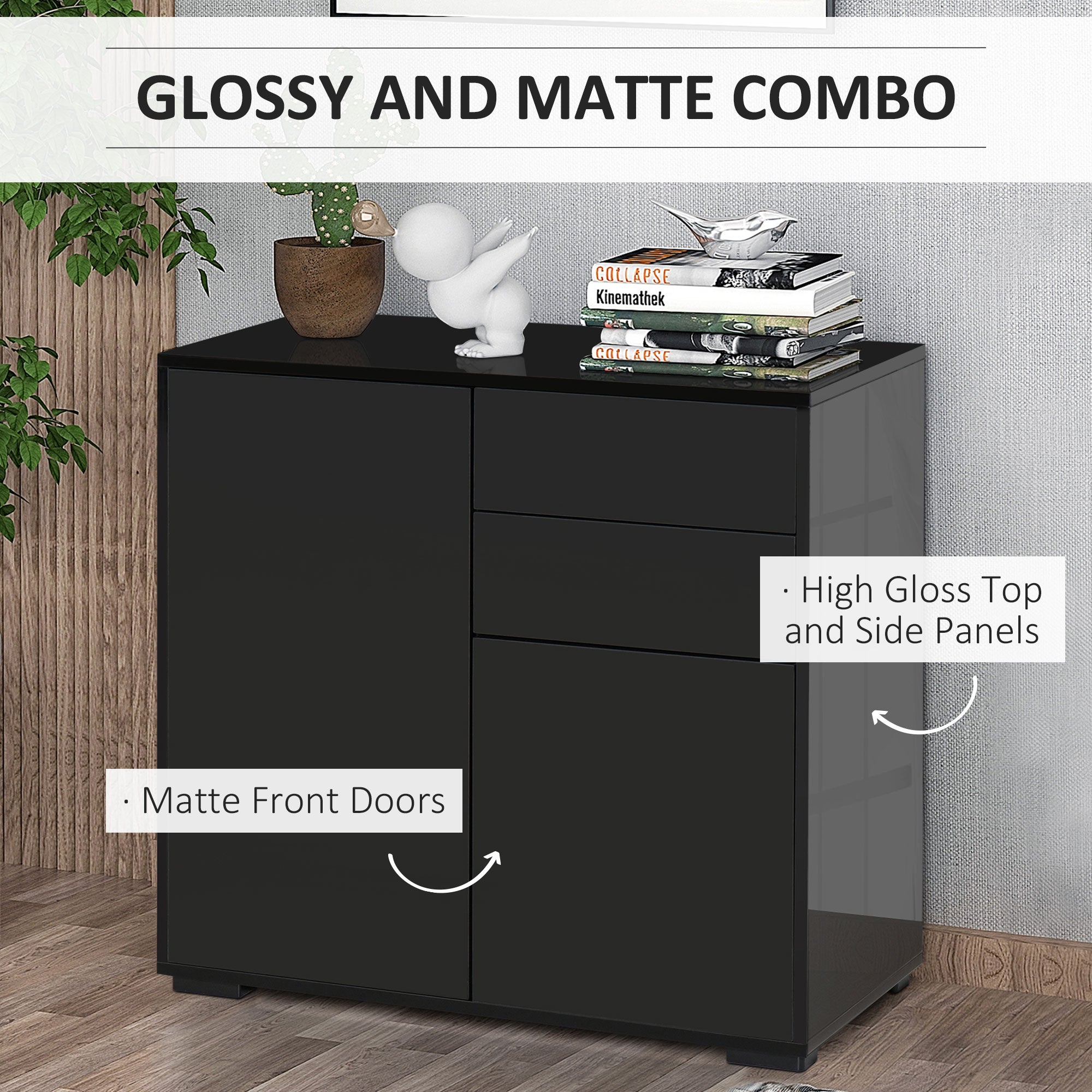 HOMCOM Stylish Buffet Sideboard High Gloss Kitchen Storage Cabinet Cupboard with Push Open Design 2 Drawer 2 Doors Shelf