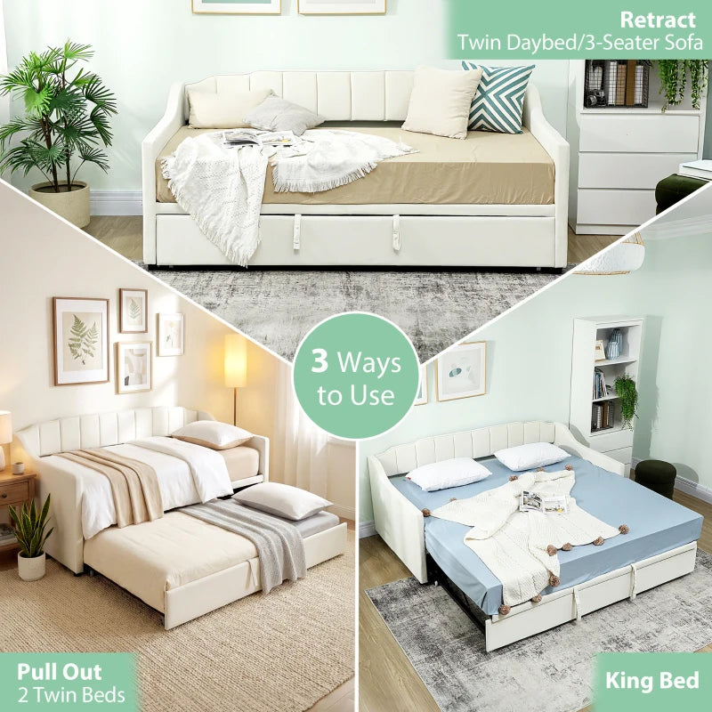 Upholstered Twin Trundle Bed, Extendable Twin to King Day Bed with Headboard and Armrests, Cream White