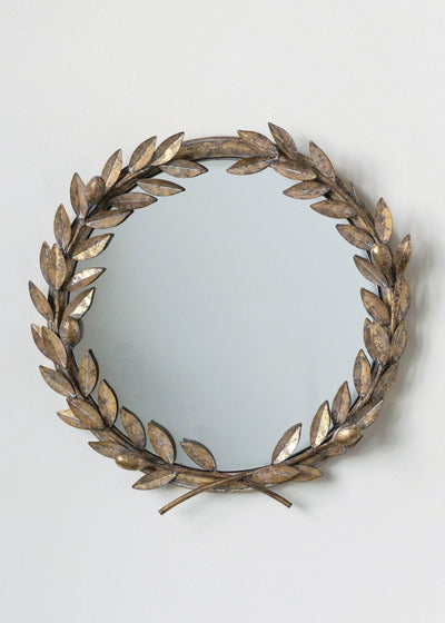 Laurel Wreath Wall Mirror – 17.75” W x 18.5” H, Antique Gold Metal Frame, Classic Victory Design, Decorative Statement Piece