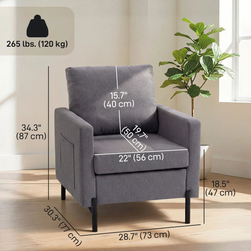 Accent Chair Modern Upholstered Armchair with Side Pockets and Cushion for Bedroom, Living Room, Dark Grey