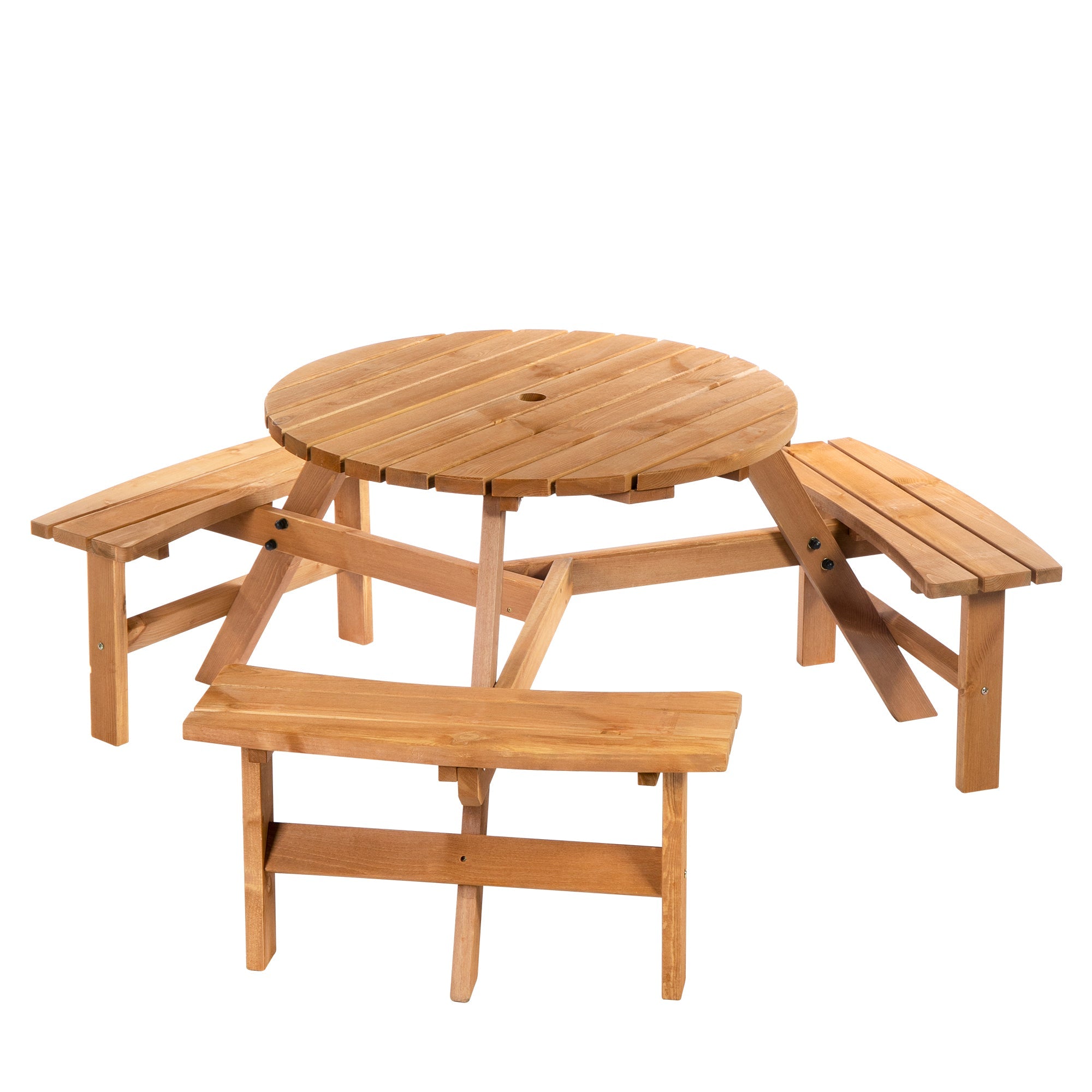 Outsunny Wood Patio 6 Person Round Picnic Table Bench Set with Umbrella Hole for Backyard Brown