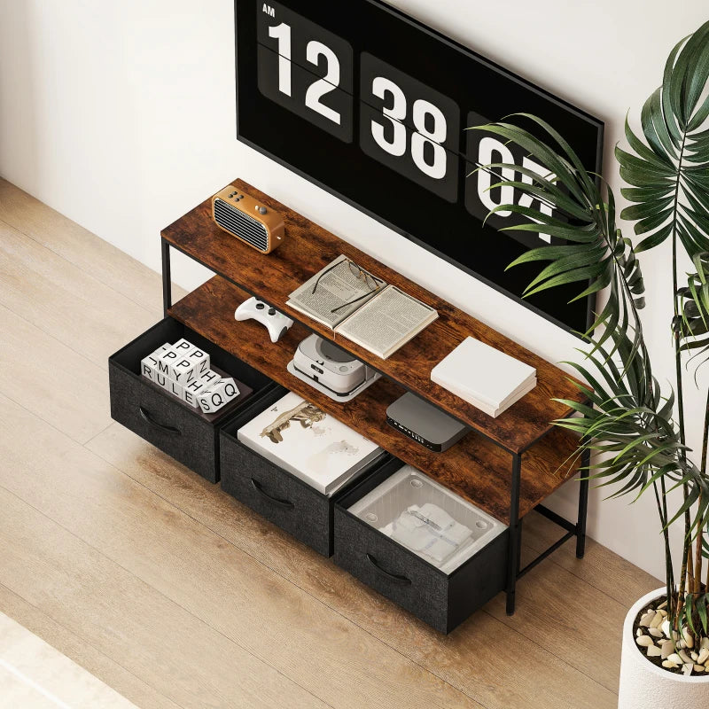 TV Stand with Charging Station, TV Table with 3 Foldable Linen Drawers and Open Shelf for 55 Inch Television, Rustic Brown