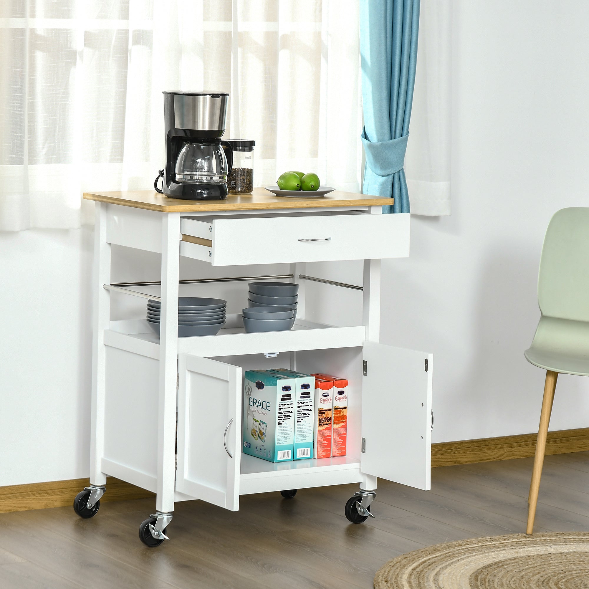 HOMCOM White Mobile Utility Trolley: Kitchen Island Cart with Drawer, Side Hooks & Dining Room Storage