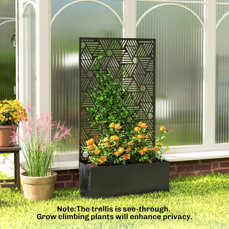 Metal Planter Box with Trellis, 44.5" Tall Raised Garden Bed with Privacy Screen, Hexagon and Line Cut-Out