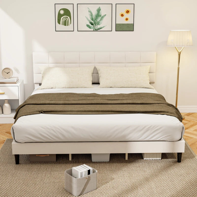 King Size Bed Frame with Upholstered Headboard, Modern Platform Bed Frame with Wood Slats, 1100 lbs Capacity, Cream White