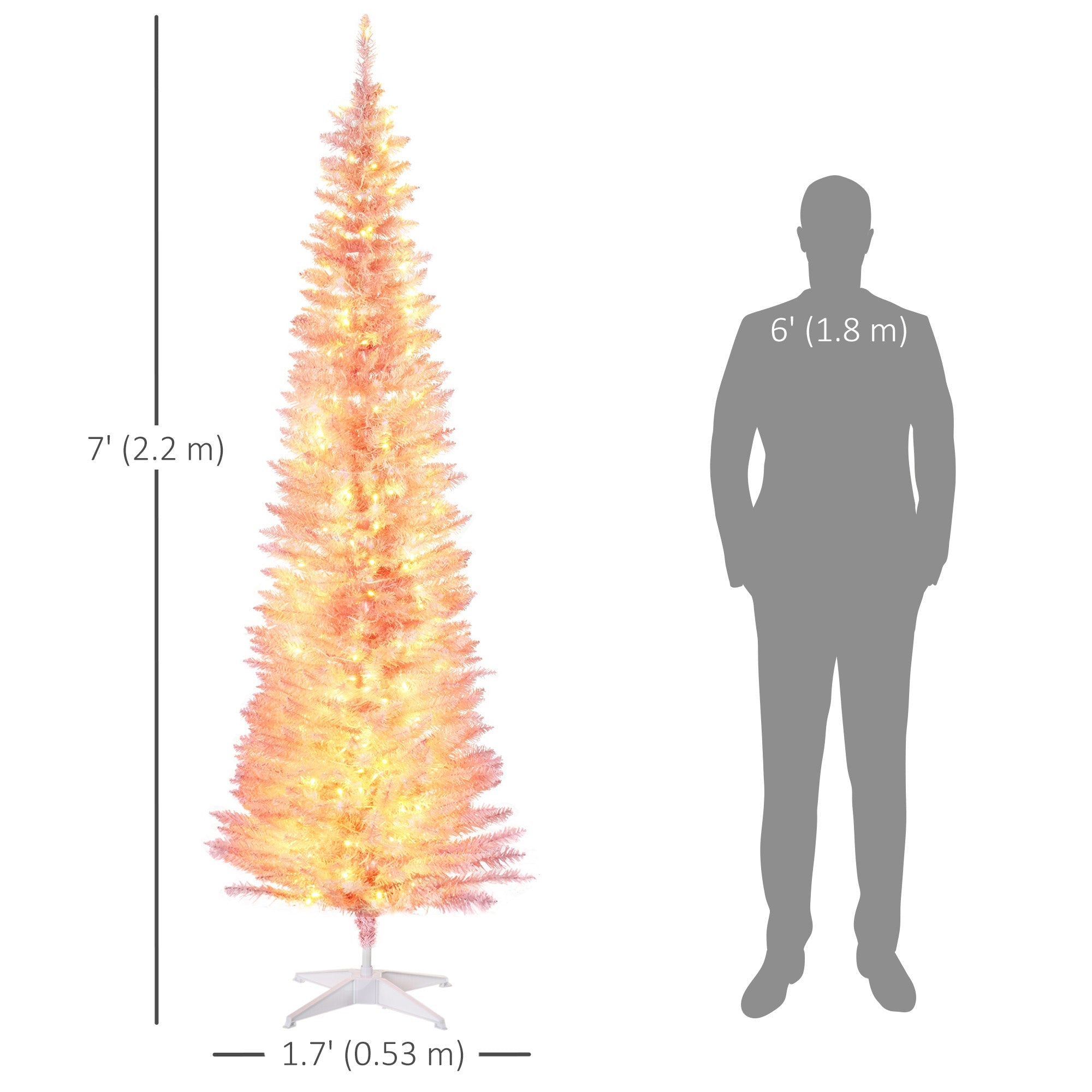 HOMCOM 7' Pre Lit Artificial Pencil Christmas Trees, Xmas Tree with Realistic Branches and Warm White LED Lights, Pink