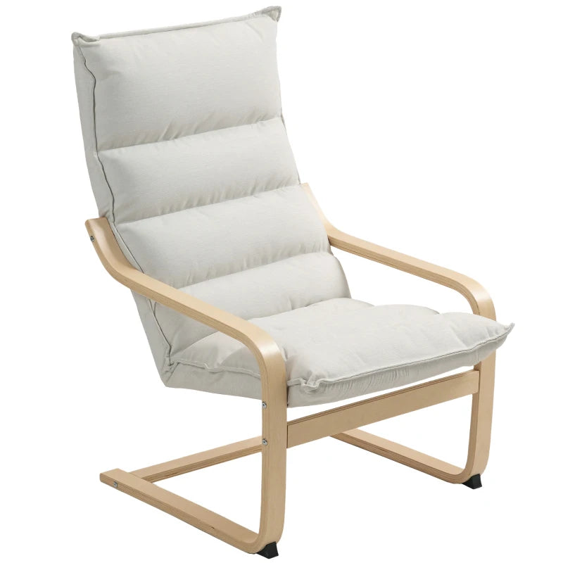 Birch Wood Fabric Modern Armchair, Accent Chair with Curved Leg and Arm for Living Room, Cream White