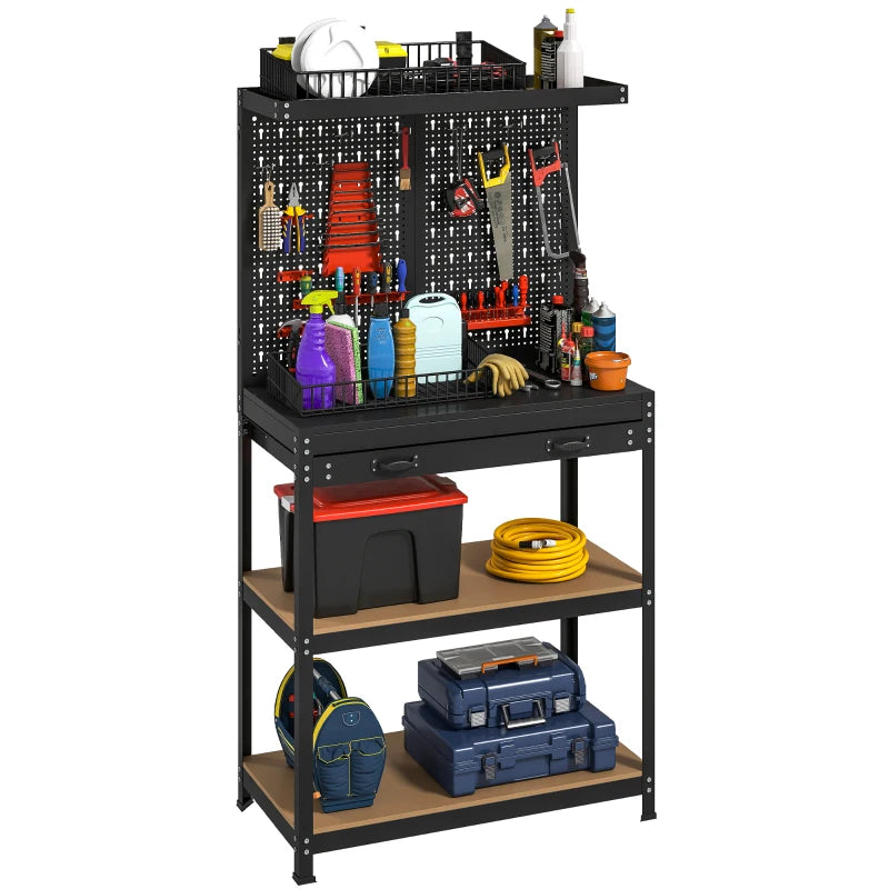 Work Bench with Pegboard, 31.5" Heavy Duty Metal Workbench with Hanging Kits, 2 Lower Shelves and Large Drawer, Black