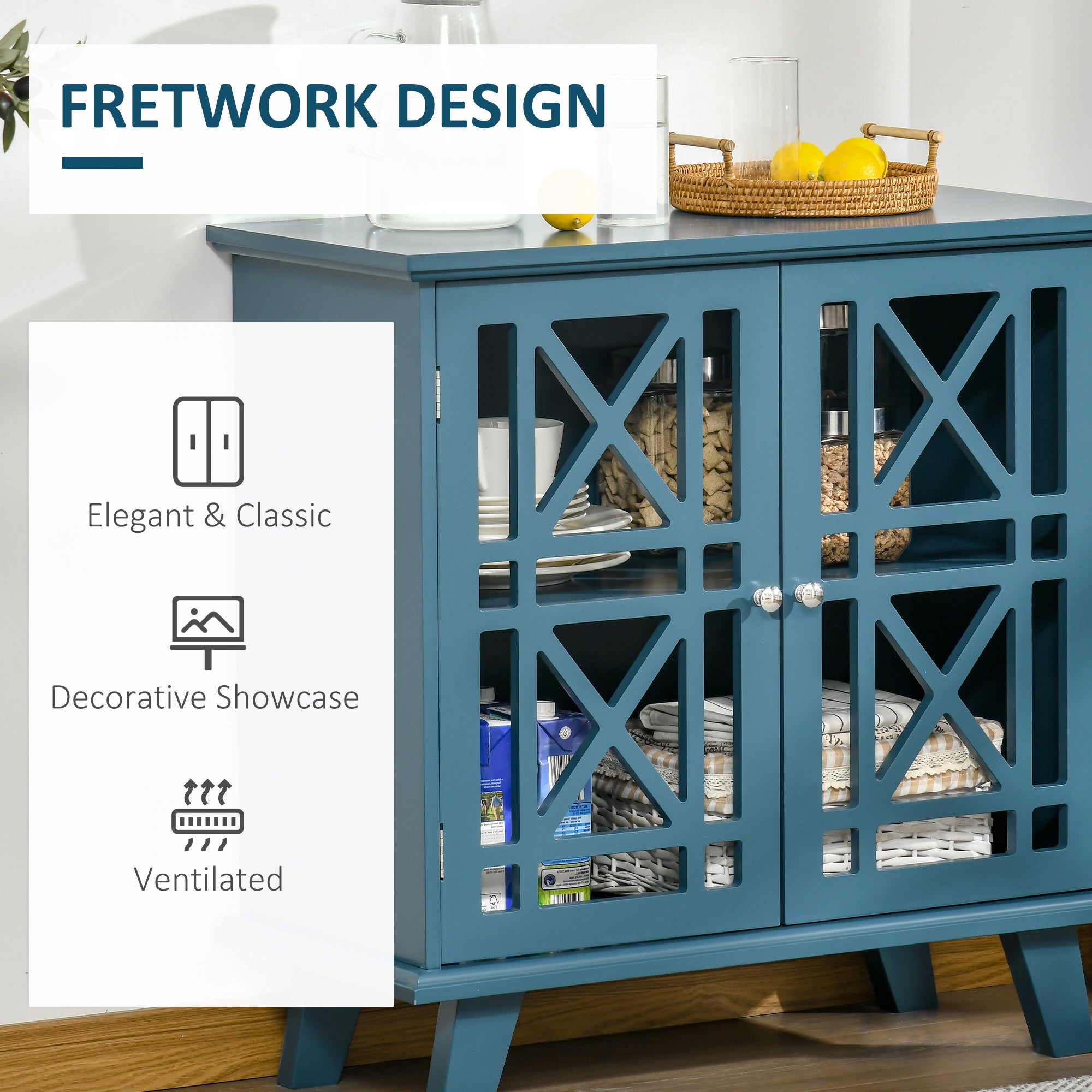 HOMCOM Modern Blue Cabinet: Fretwork Doors, Shelf, Freestanding Sideboard Buffet for Dining, Living Room Decor