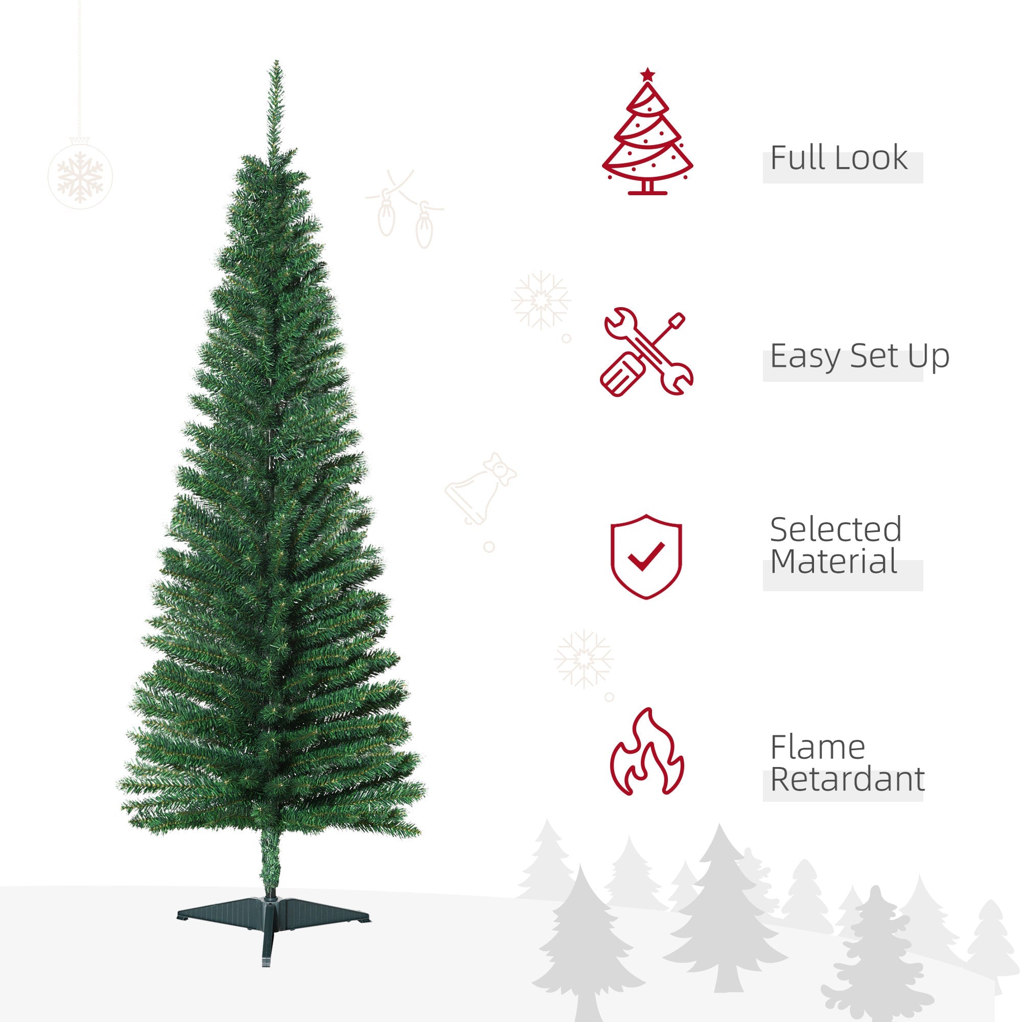 HOMCOM 5FT Artificial Christmas Tree, Pencil Christmas Tree with Realistic Branches, Stable Stand, Green