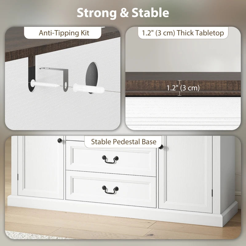 Farmhouse Sideboard with Charging Station, 58" Buffet Cabinet, Kitchen Storage Cabinet with 4 Drawers, 2 Doors, White