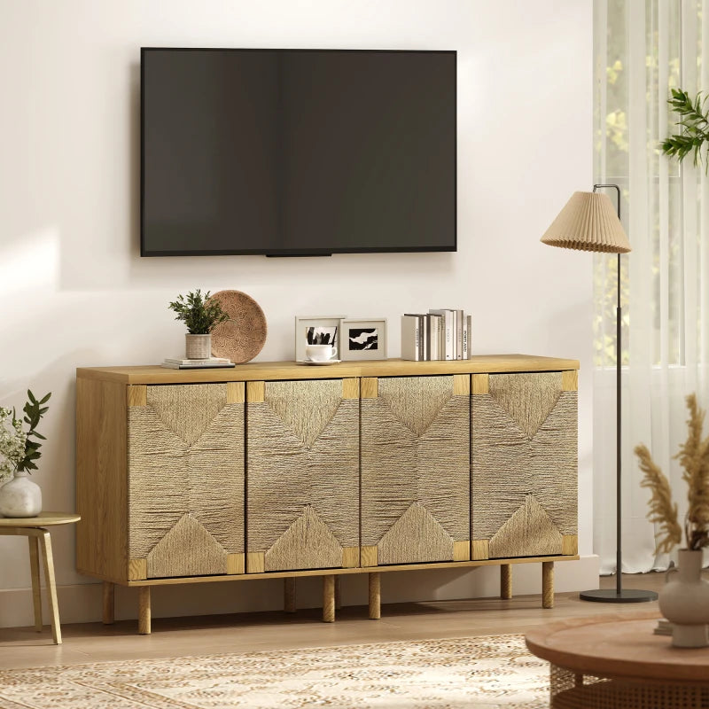 Handwoven Rope Accent Cabinet Boho Sideboard Buffet Cabinet with Push to Open Doors Adjustable Shelf Pine Wood Legs Oak