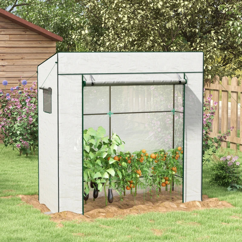 Walk-in Tomato Greenhouse Lean-to Green House with Reinforced PE Cover, Roll-up Door, Mesh Windows, White