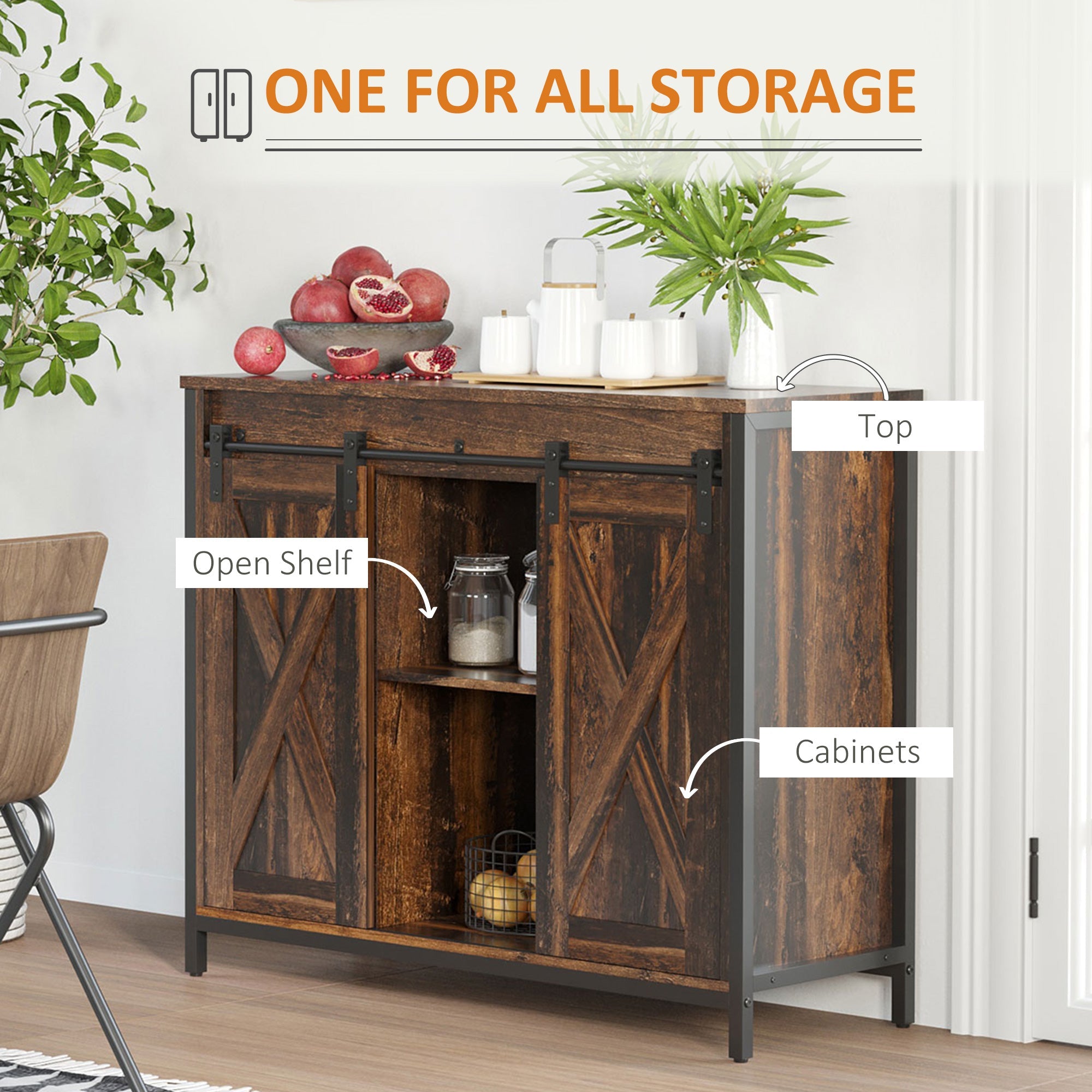 HOMCOM Industrial Chic: Sideboard Buffet Cabinet with Sliding Barn Doors, Adjustable Shelves, Brown Finish for Living Room