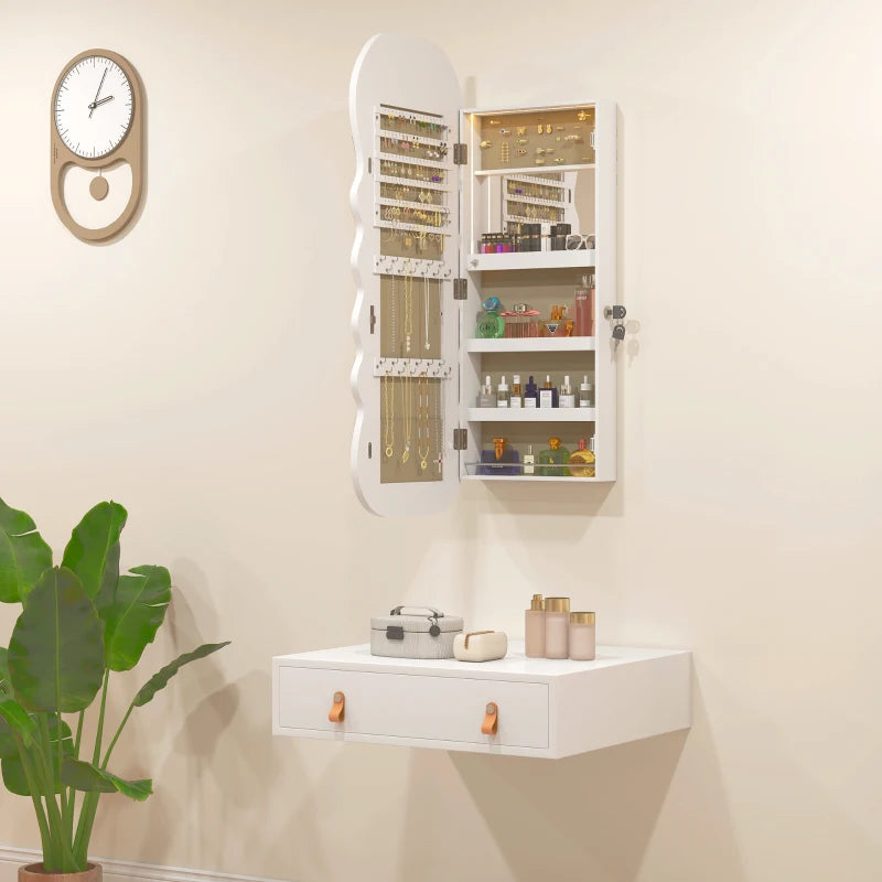 Jewelry Armoire Cabinet with Lights, Wall Mounted or Door Hanging Mirror Jewelry Cabinet with Full Length Mirror, White