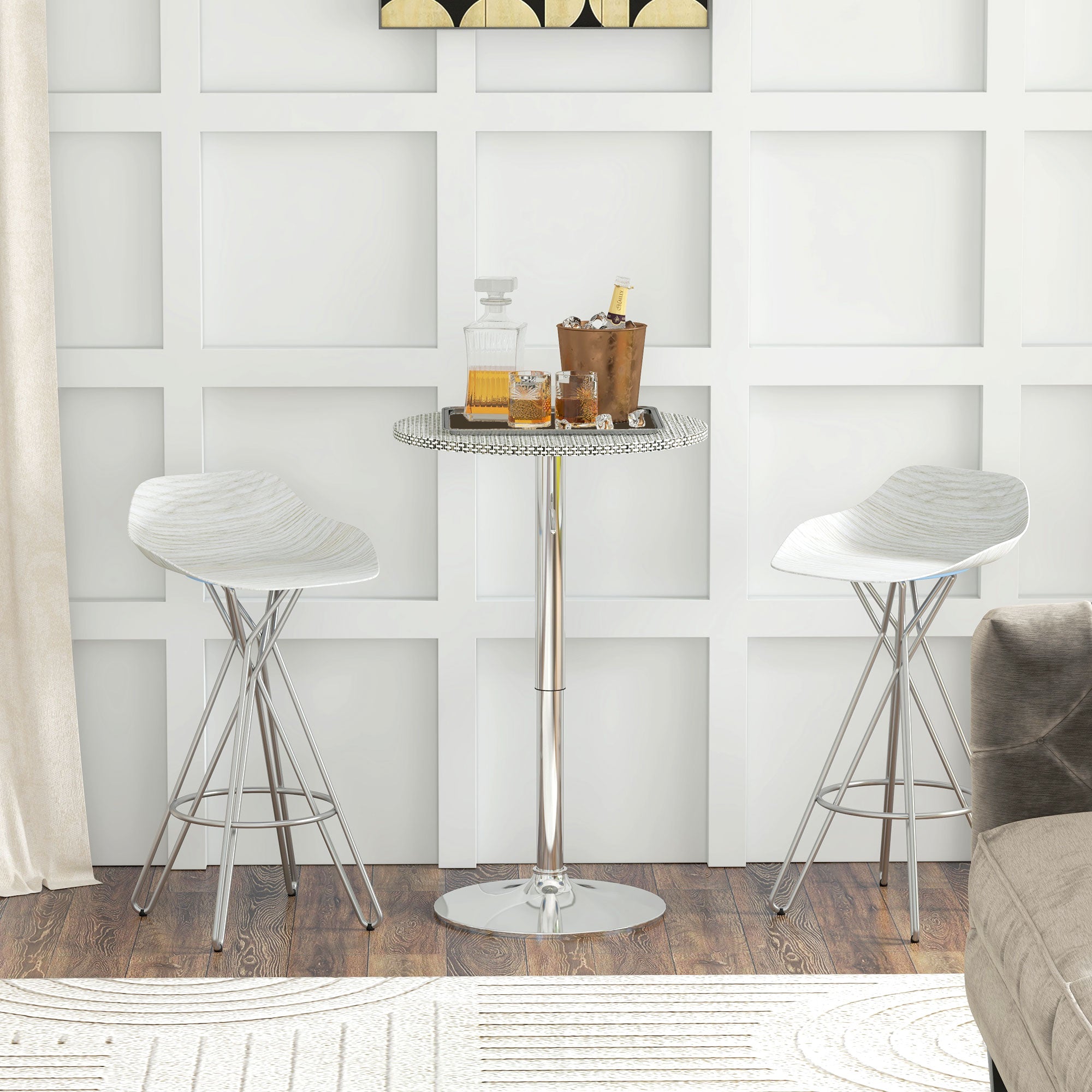 HOMCOM Adjustable Bar Table for 2, Round Pub Table with PE Rattan Top and Steel Base for Home Bar, Small Dining Room, Grey