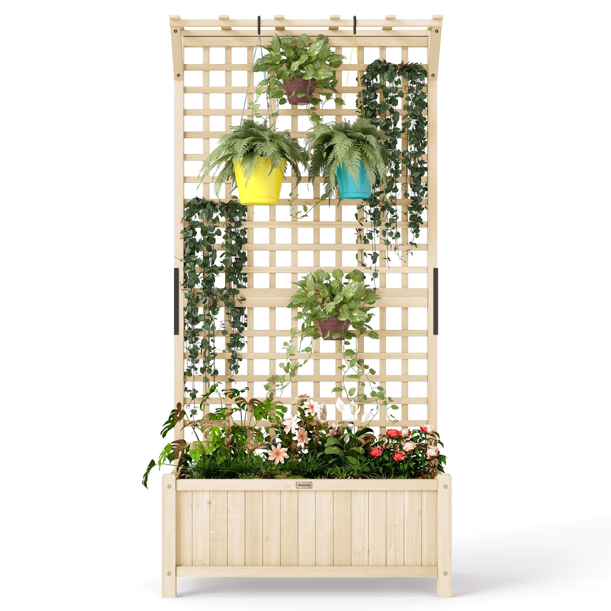 Outsunny Wood Planter with Trellis for Vine Climbing, Raised Garden Bed, Privacy Screen for Backyard, Patio, Deck, Natural Wood