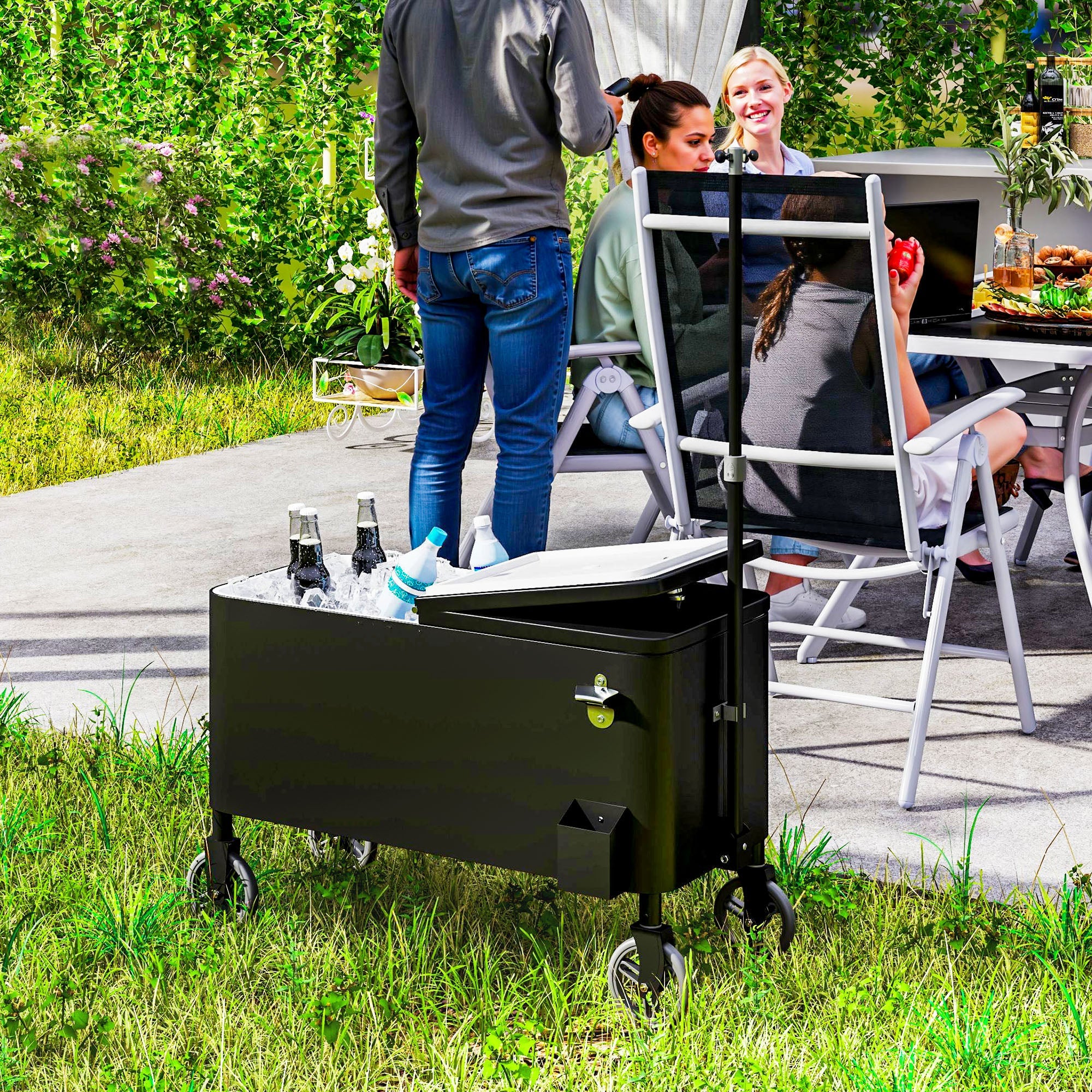 Outsunny 80-Qt Outdoor Patio Cooler Cart, Rolling Ice Chest with Adjustable Handle, Wheels, Bottle Opener, Drainage, Outdoor Beverage Cooler Bar Cart for Party BBQ Camping, Black