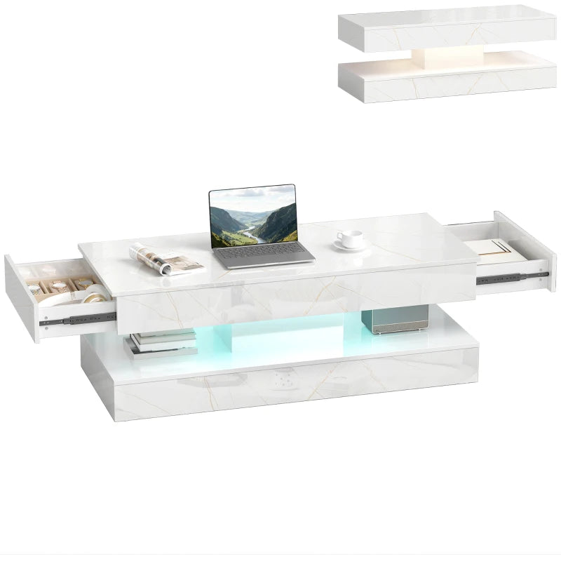 Coffee Table with Adjustable LED Lights, Center Table with 2 Drawers, Open Shelf, Remote, High Gloss Marble-Effect White