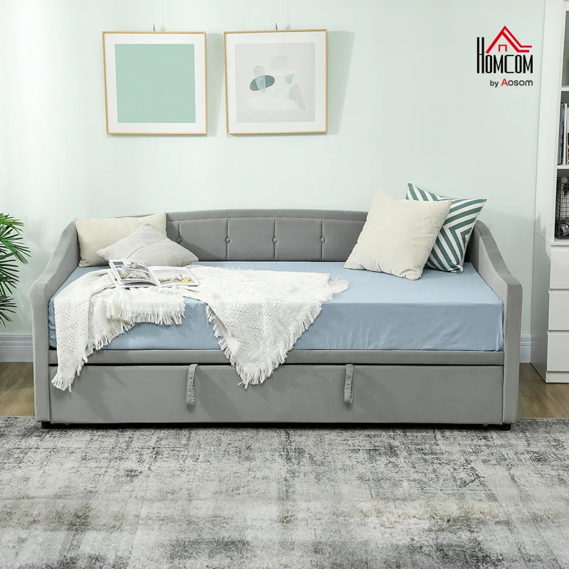Upholstered Twin Size Trundle Bed, Velvet Twin to King Day Bed with Pop Up Trundle, Headboard and 2 Pockets, Light Grey