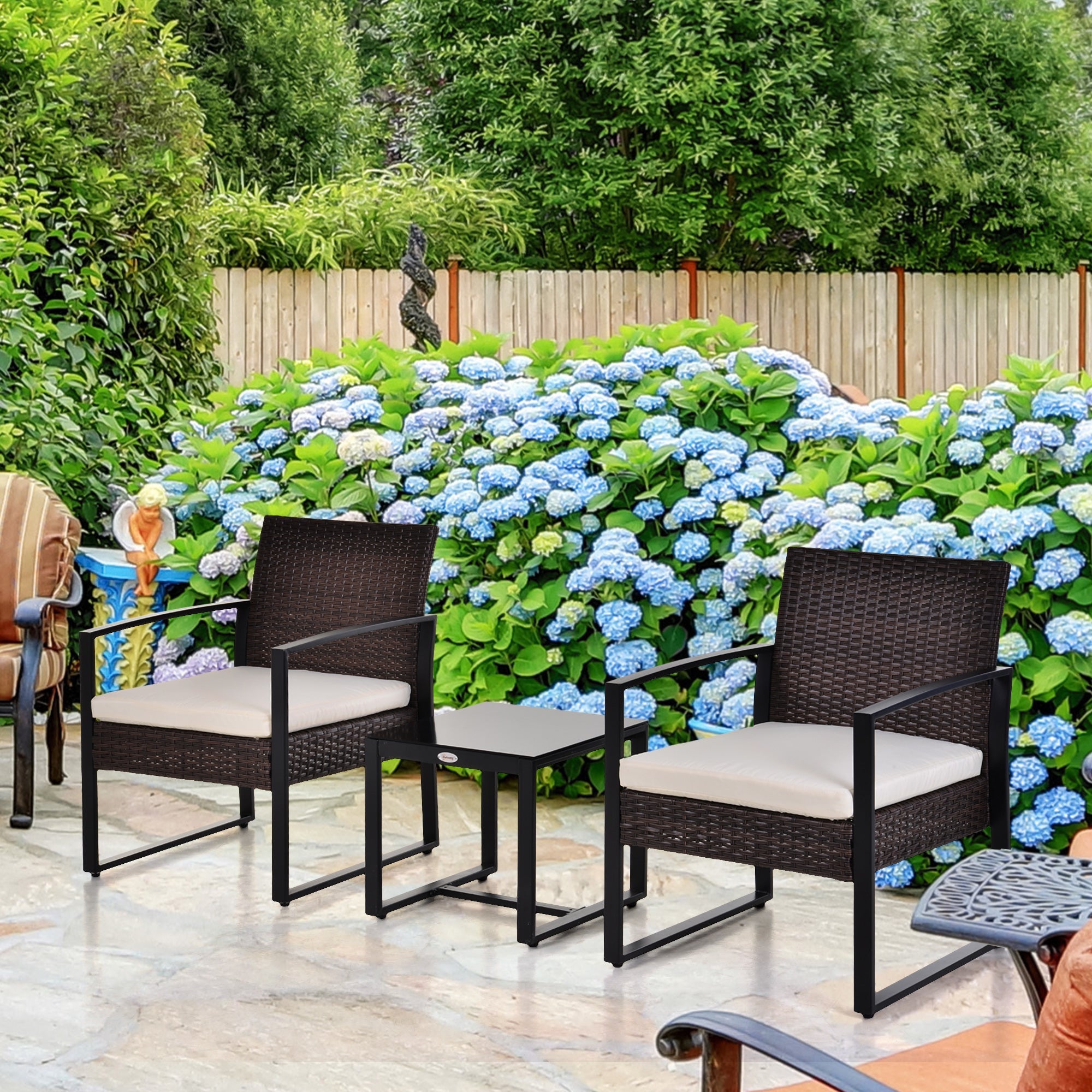 Outsunny 3PC Patio Bistro Set - Rattan Garden Furniture with Cushioned Chairs & Tea Table, Brown/White